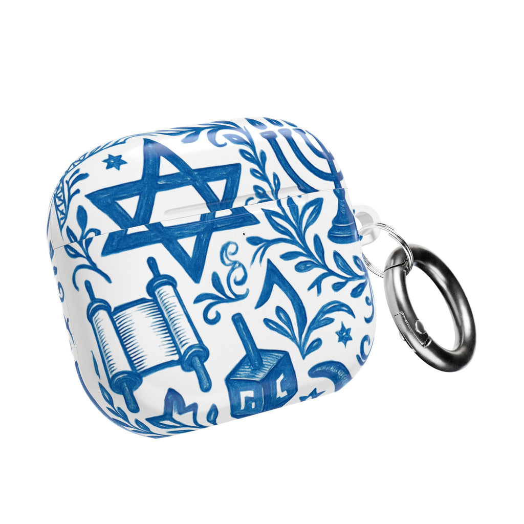 Hanukkah AirPod Case — Blue Menorah, Star of David & Dreidel Design