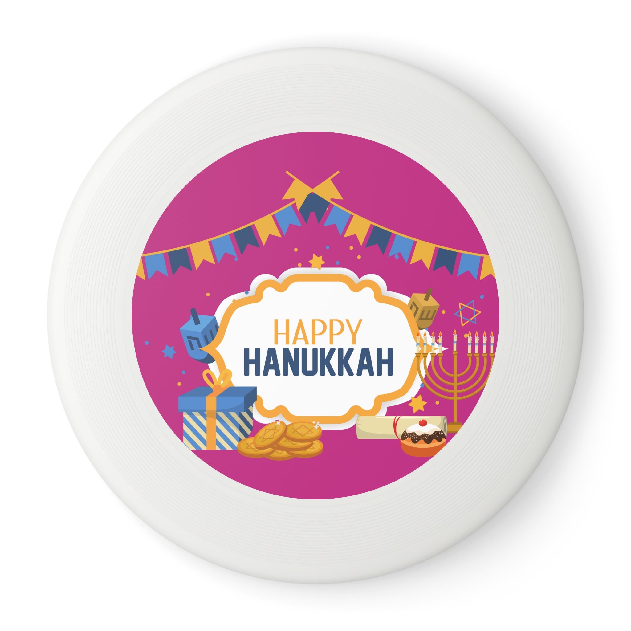 Frisbee with Happy Hanukkah design featuring menorah, dreidel, and other symbols on a pink background.