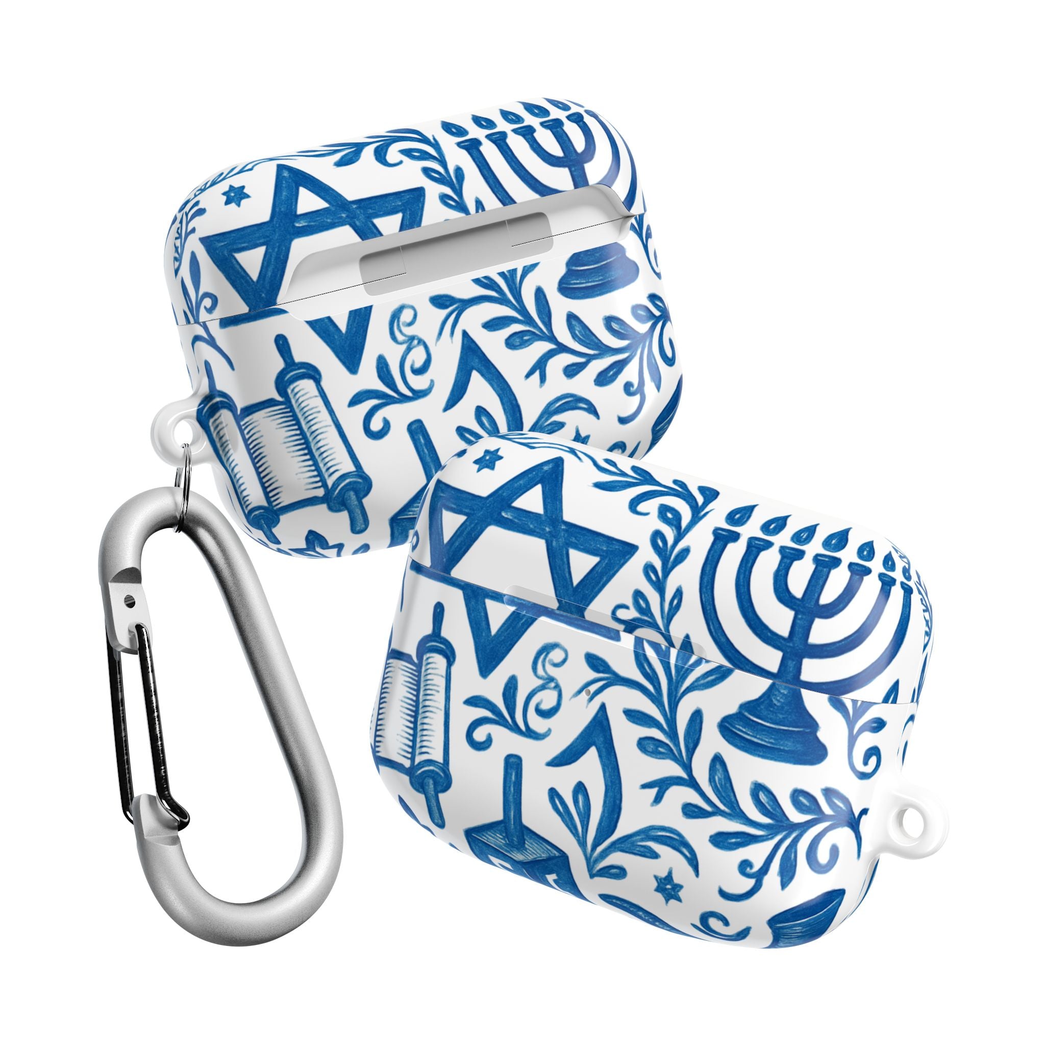 Hanukkah AirPod Case — Blue Menorah, Star of David & Dreidel Design
