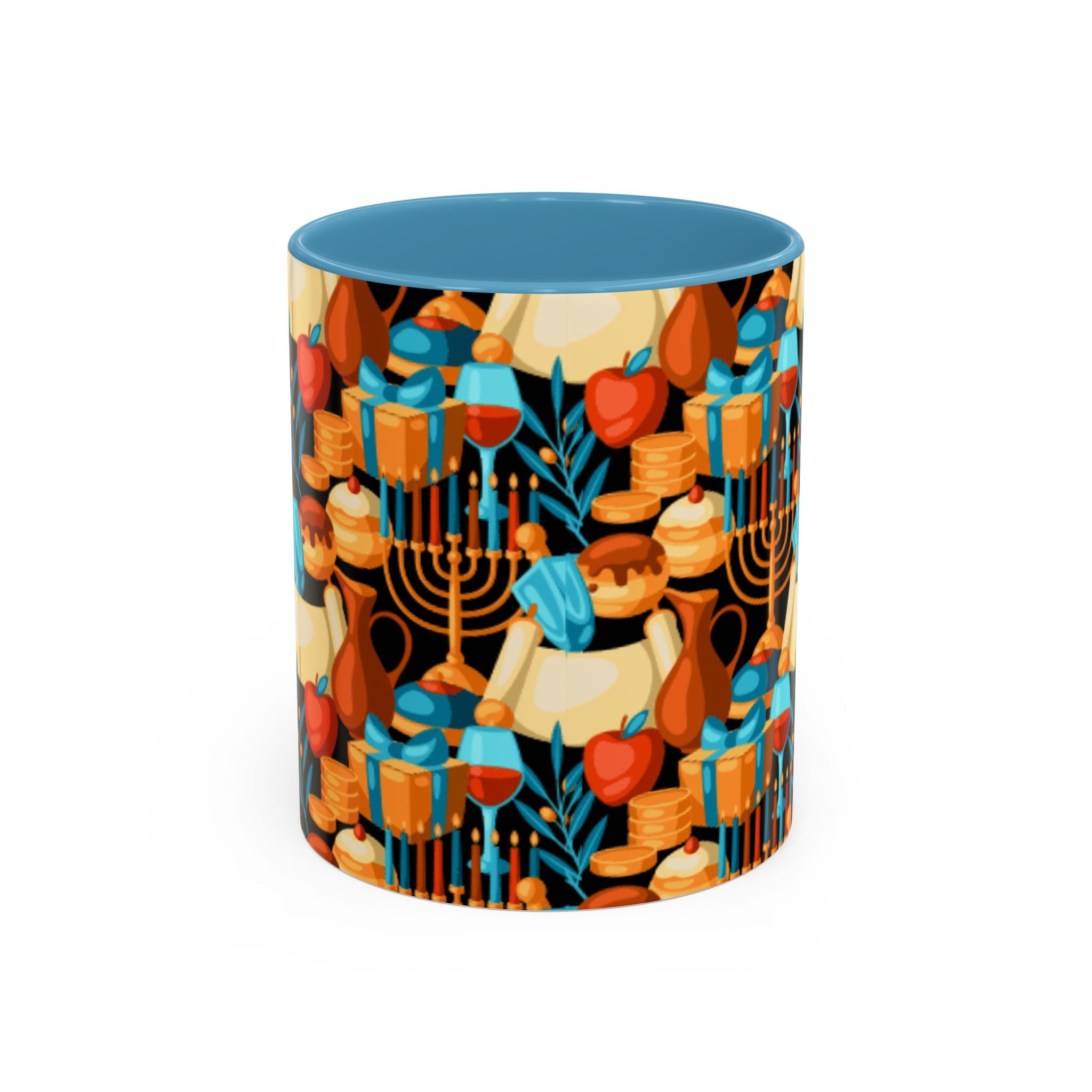 Hanukkah Pattern Accent Coffee Mug — Menorah, Dreidel & Sufganiyot Holiday Design (11/15oz)