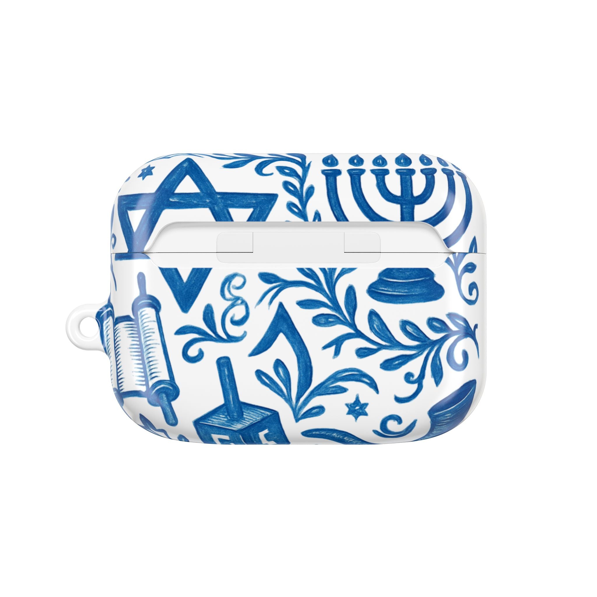 Hanukkah AirPod Case — Blue Menorah, Star of David & Dreidel Design