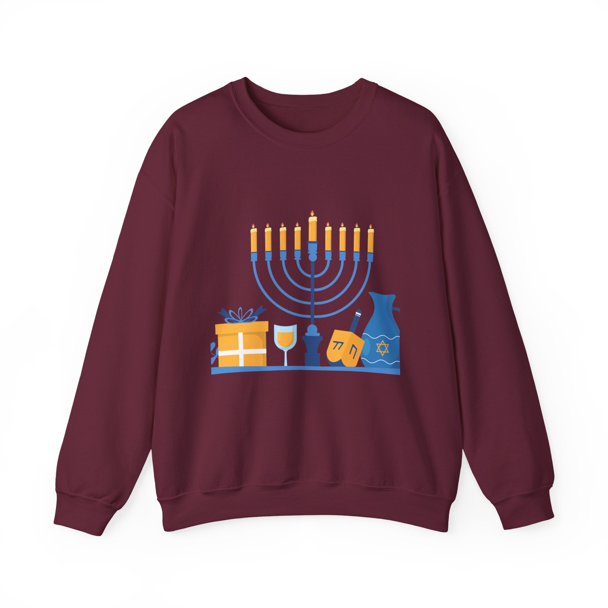 Hanukkah Crewneck Sweatshirt — Menorah, Dreidel & ‘Happy Hanukkah’ Holiday Sweater