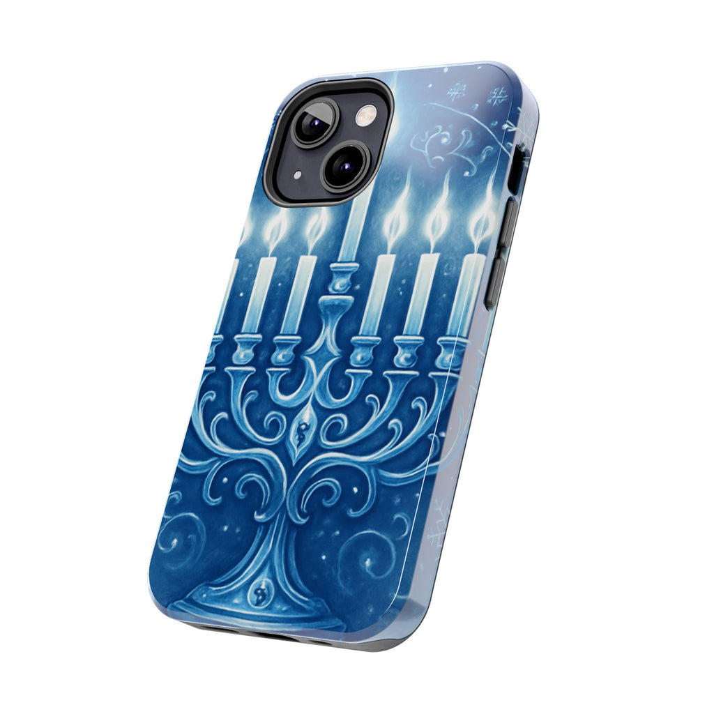 Blue Hanukkah Menorah Tough Phone Case — Holiday Candlelight Protective Cover