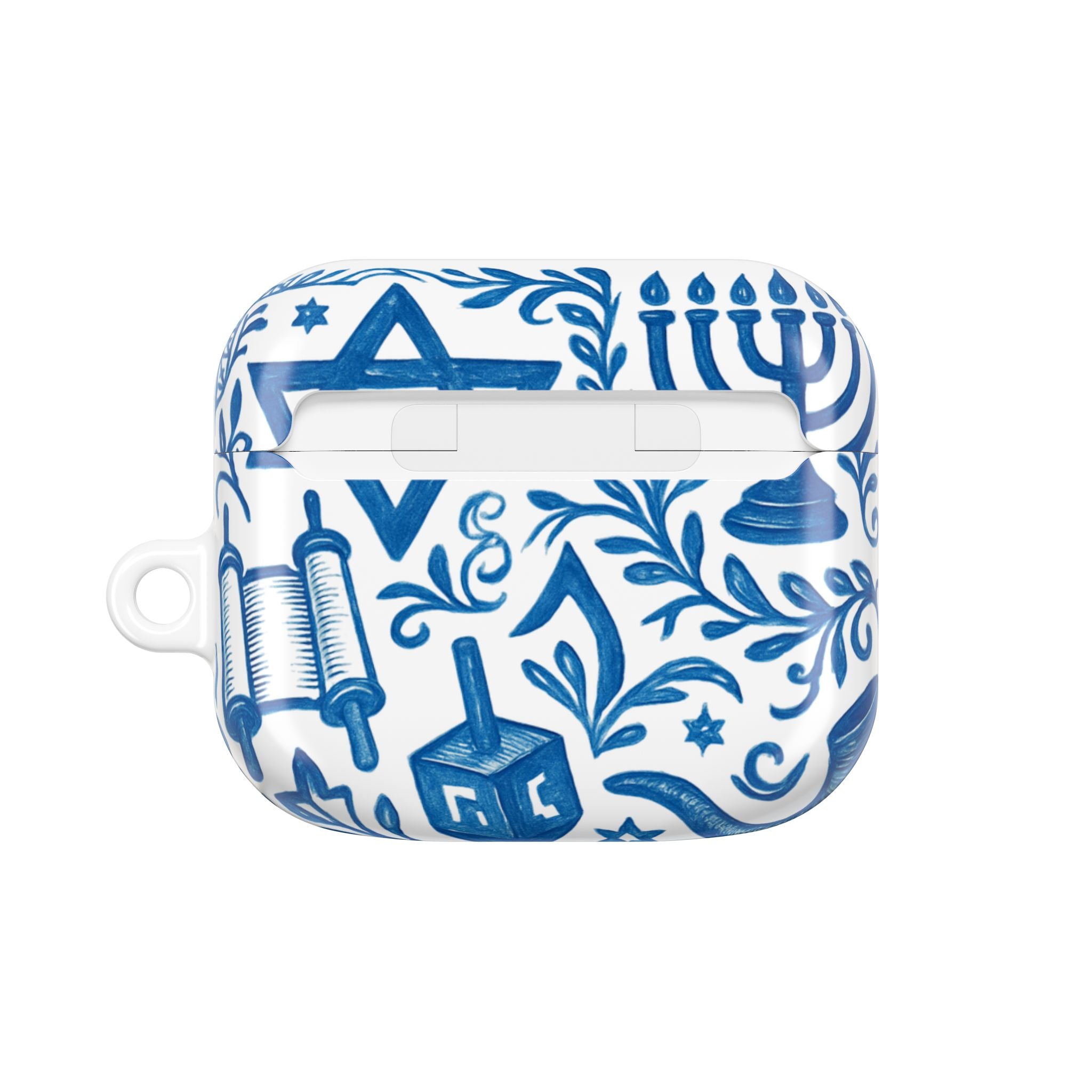 Hanukkah AirPod Case — Blue Menorah, Star of David & Dreidel Design