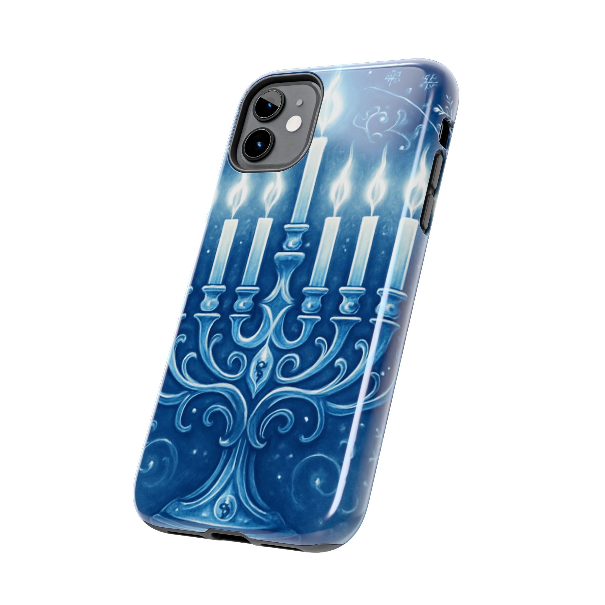 Blue Hanukkah Menorah Tough Phone Case — Holiday Candlelight Protective Cover