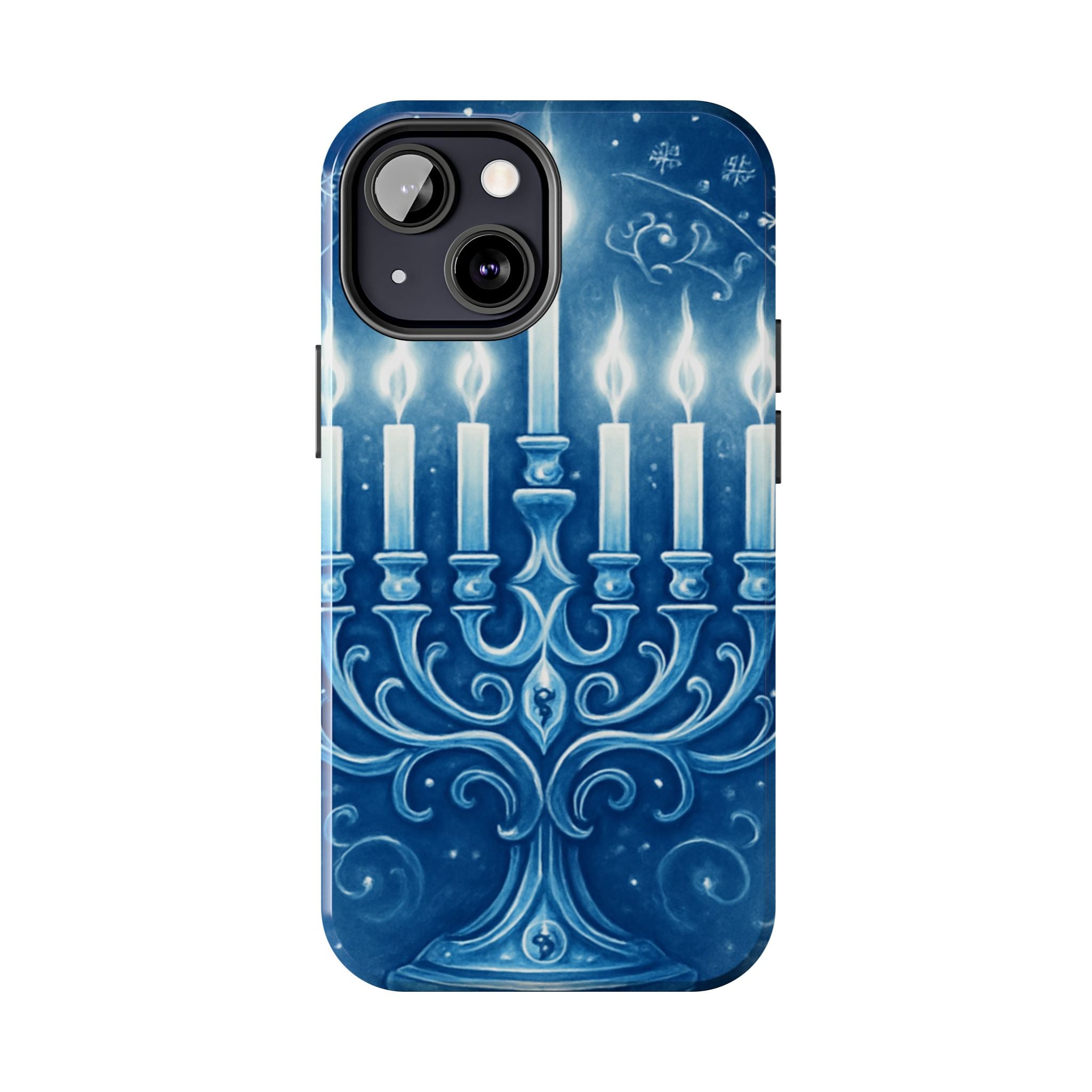 Blue Hanukkah Menorah Tough Phone Case — Holiday Candlelight Protective Cover