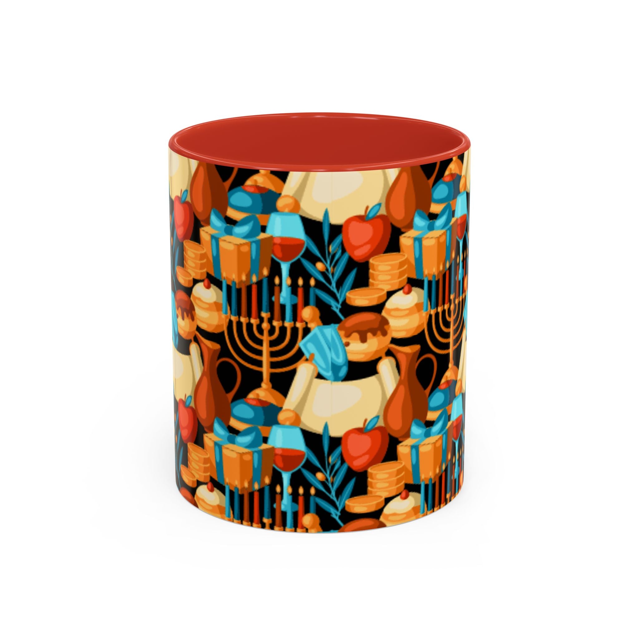 Hanukkah Pattern Accent Coffee Mug — Menorah, Dreidel & Sufganiyot Holiday Design (11/15oz)