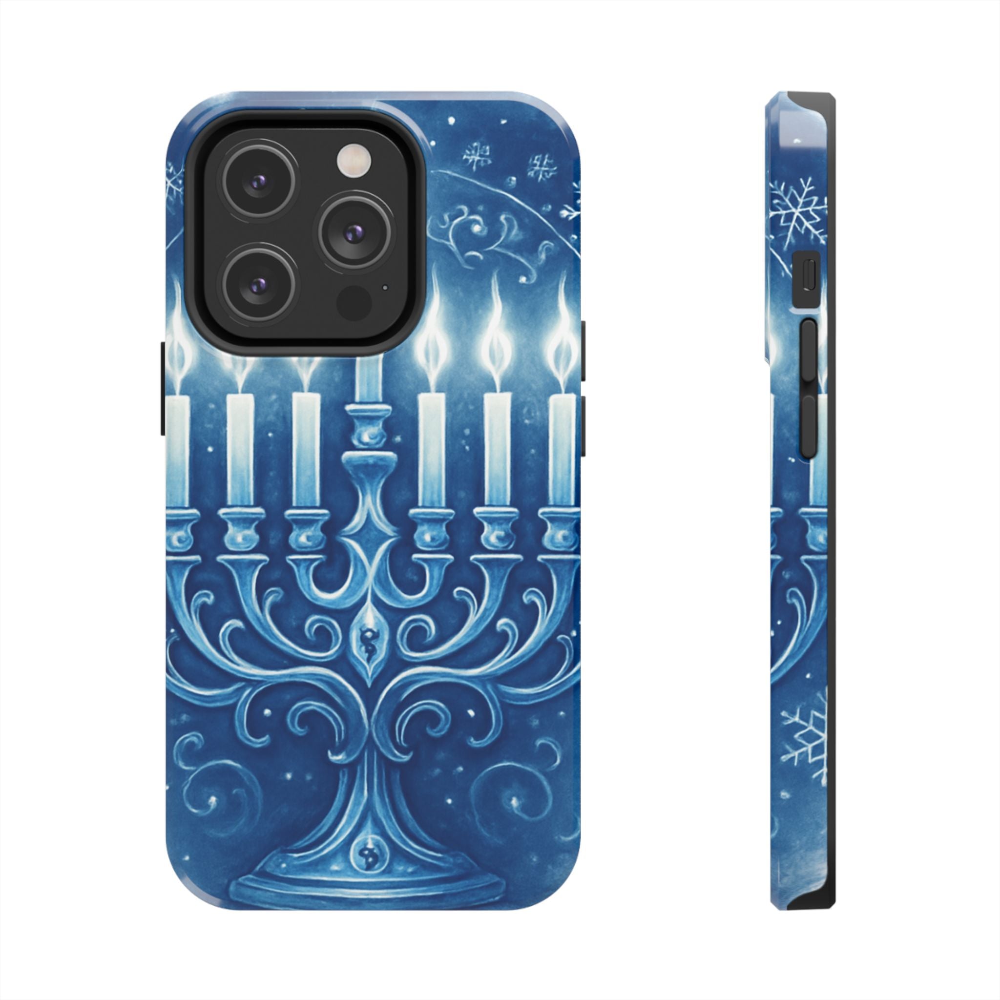 Blue Hanukkah Menorah Tough Phone Case — Holiday Candlelight Protective Cover