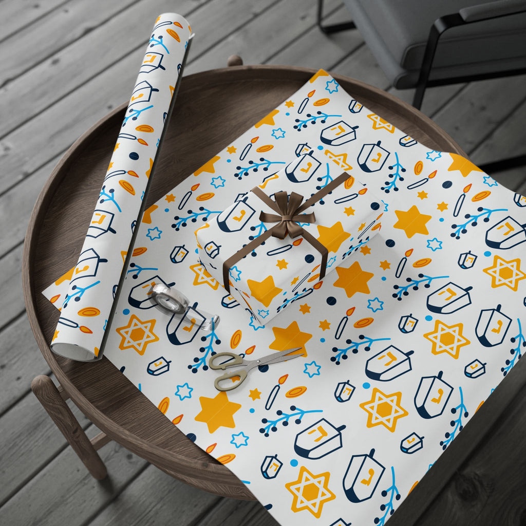 Hanukkah Star & Dreidel Wrapping Paper Roll — Blue & Gold Holiday Gift Wrap