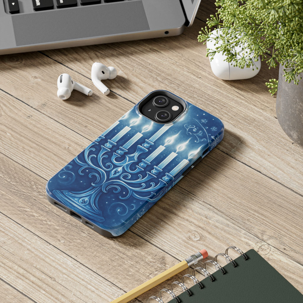 Blue Hanukkah Menorah Tough Phone Case — Holiday Candlelight Protective Cover