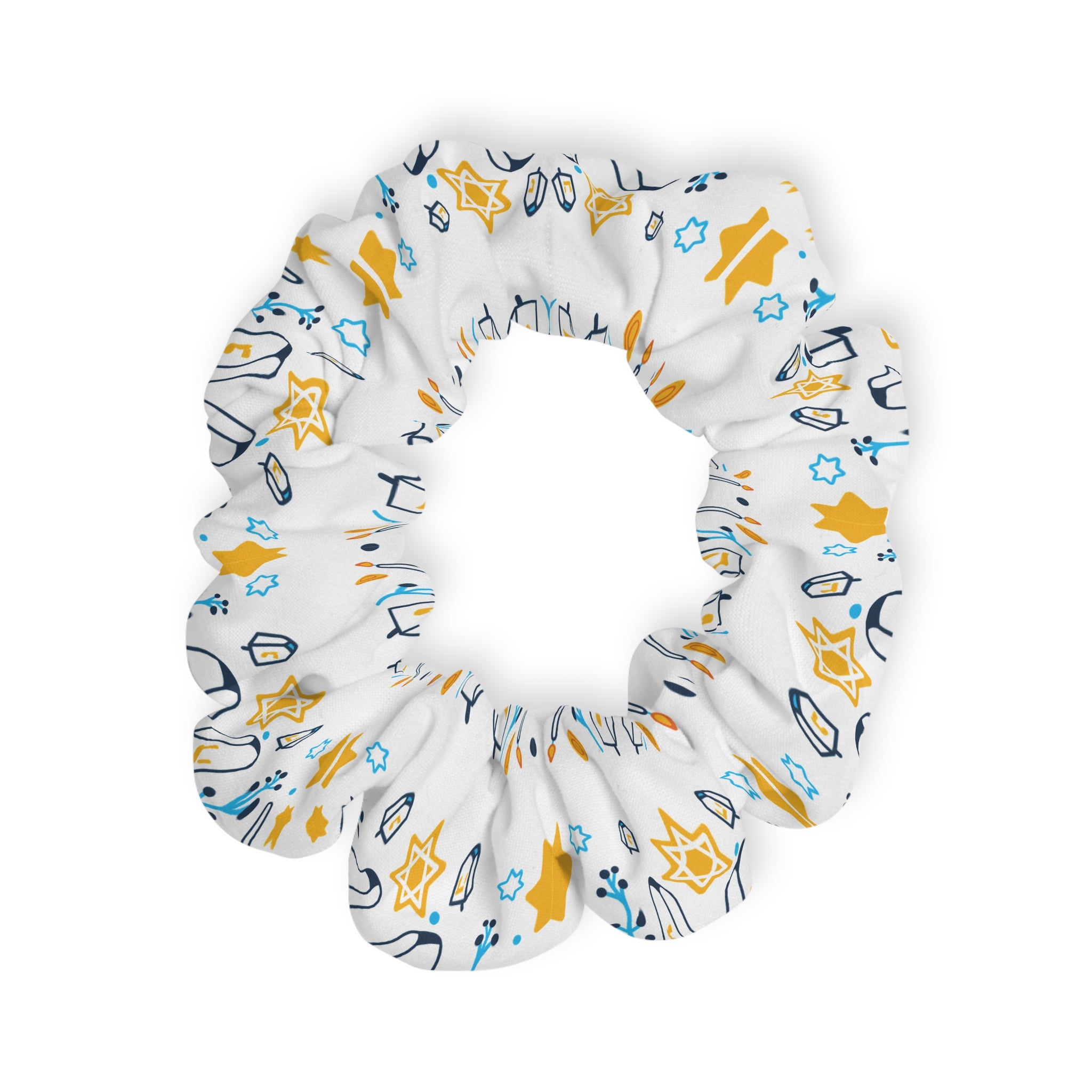 Hanukkah Star Pattern Scrunchie — White & Gold Festive Hair Accessory