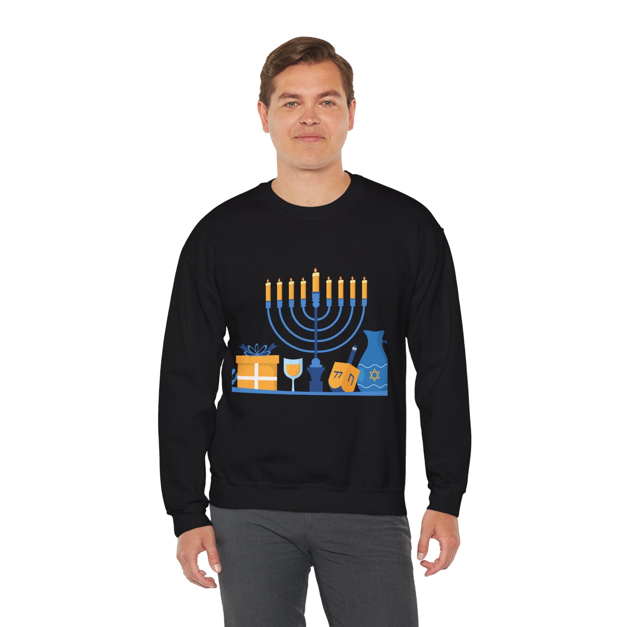Hanukkah Crewneck Sweatshirt — Menorah, Dreidel & ‘Happy Hanukkah’ Holiday Sweater