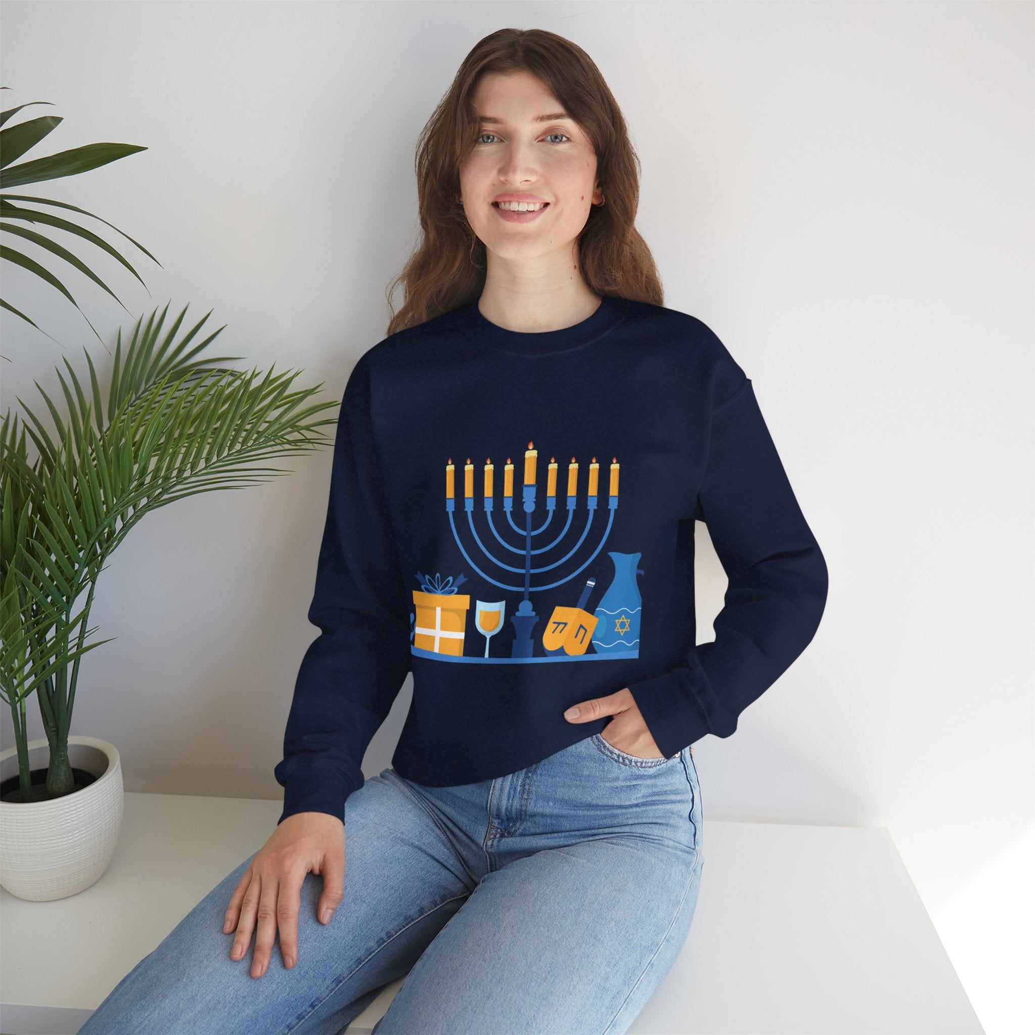 Hanukkah Crewneck Sweatshirt — Menorah, Dreidel & ‘Happy Hanukkah’ Holiday Sweater