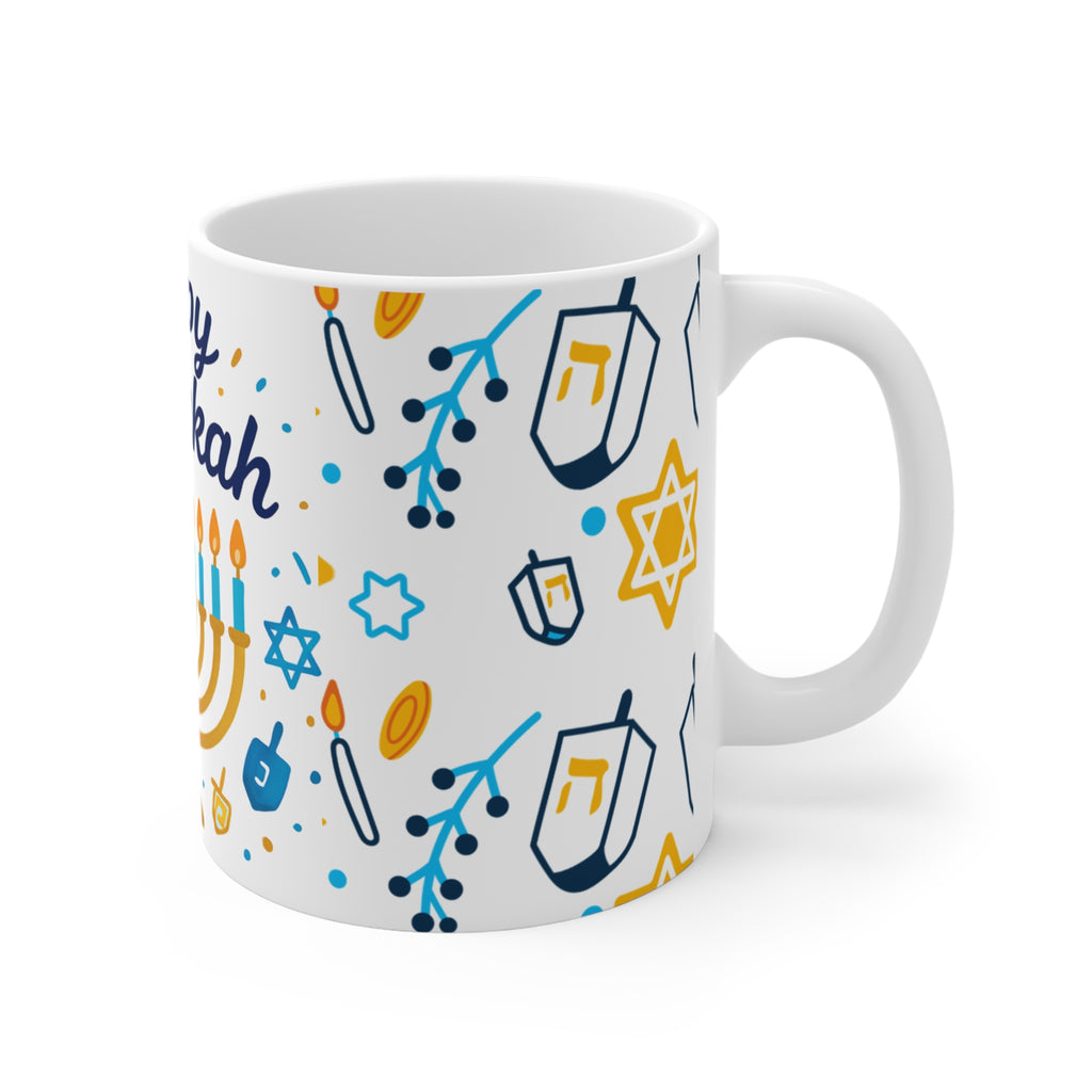 Happy Hanukkah Mug — 11oz Menorah & Dreidel Holiday Coffee Cup