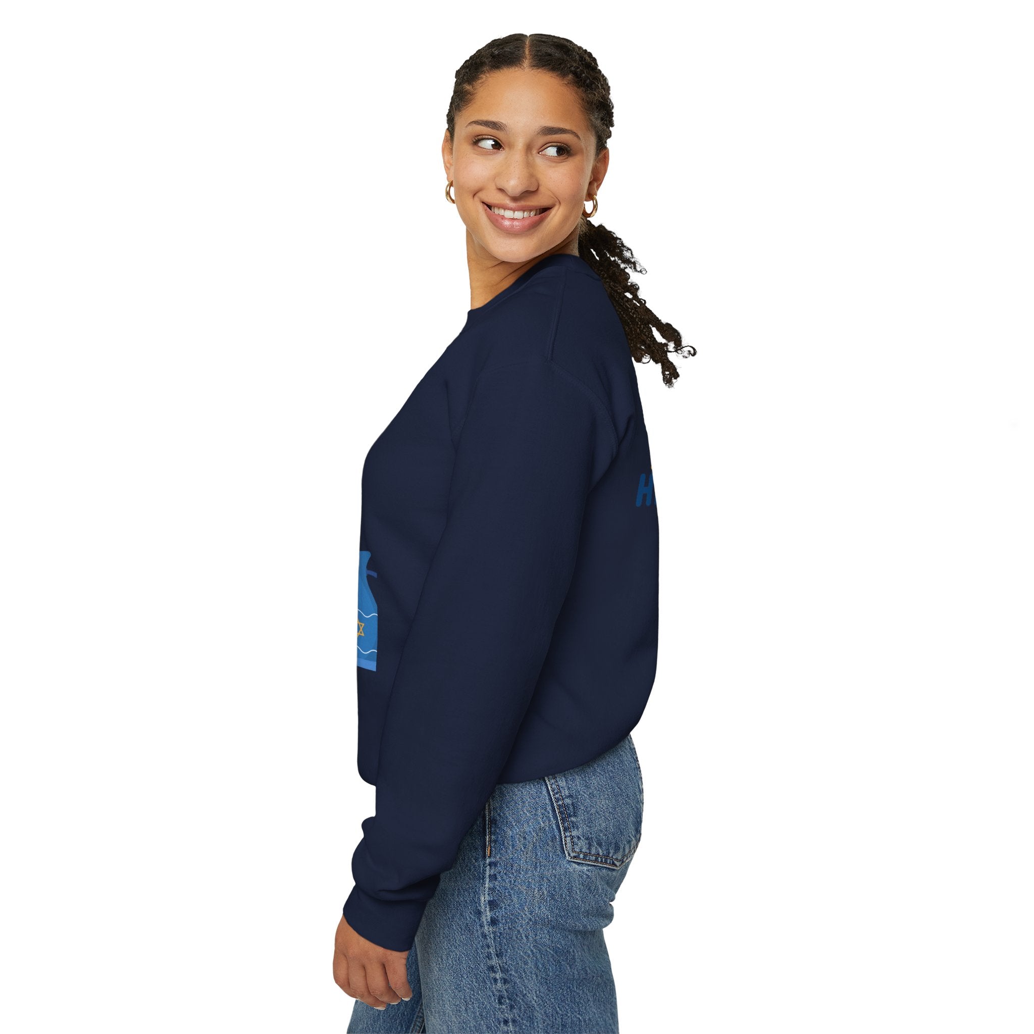 Hanukkah Crewneck Sweatshirt — Menorah, Dreidel & ‘Happy Hanukkah’ Holiday Sweater