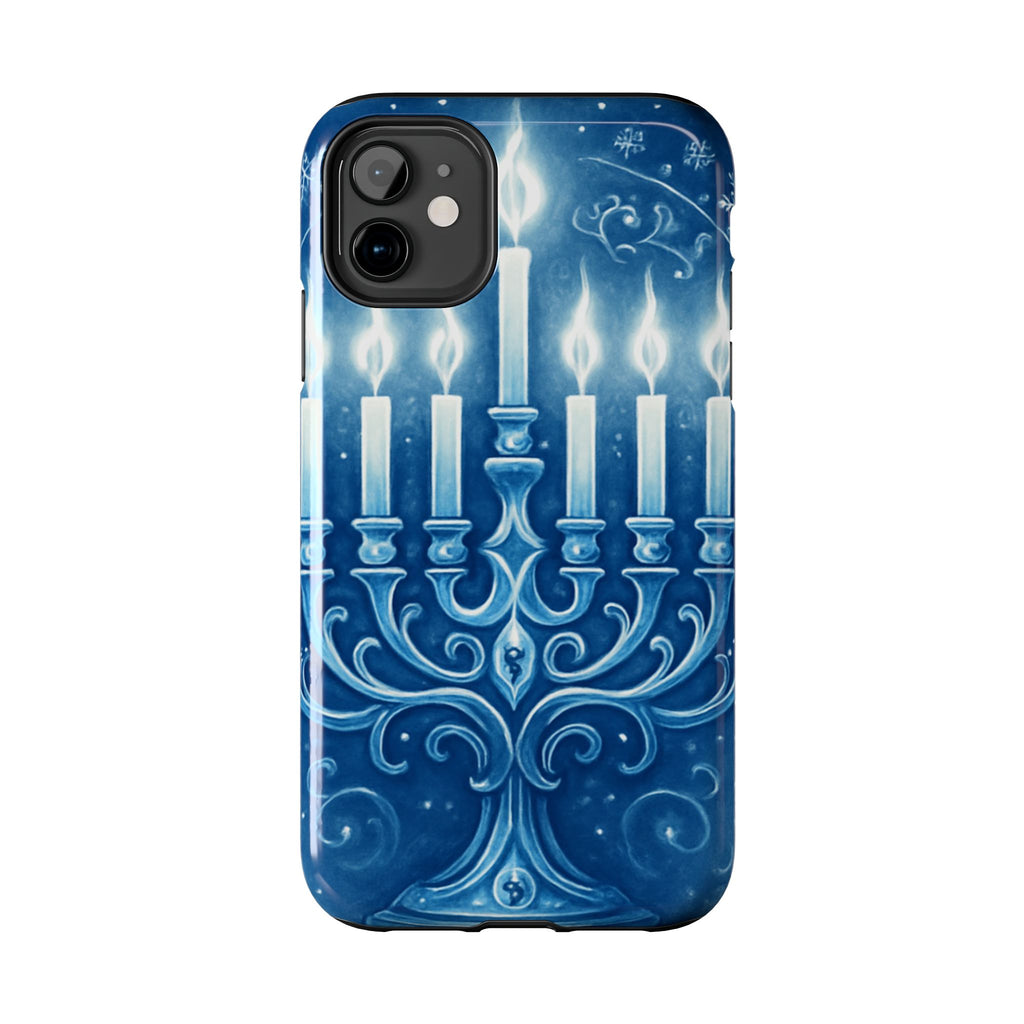 Blue Hanukkah Menorah Tough Phone Case — Holiday Candlelight Protective Cover