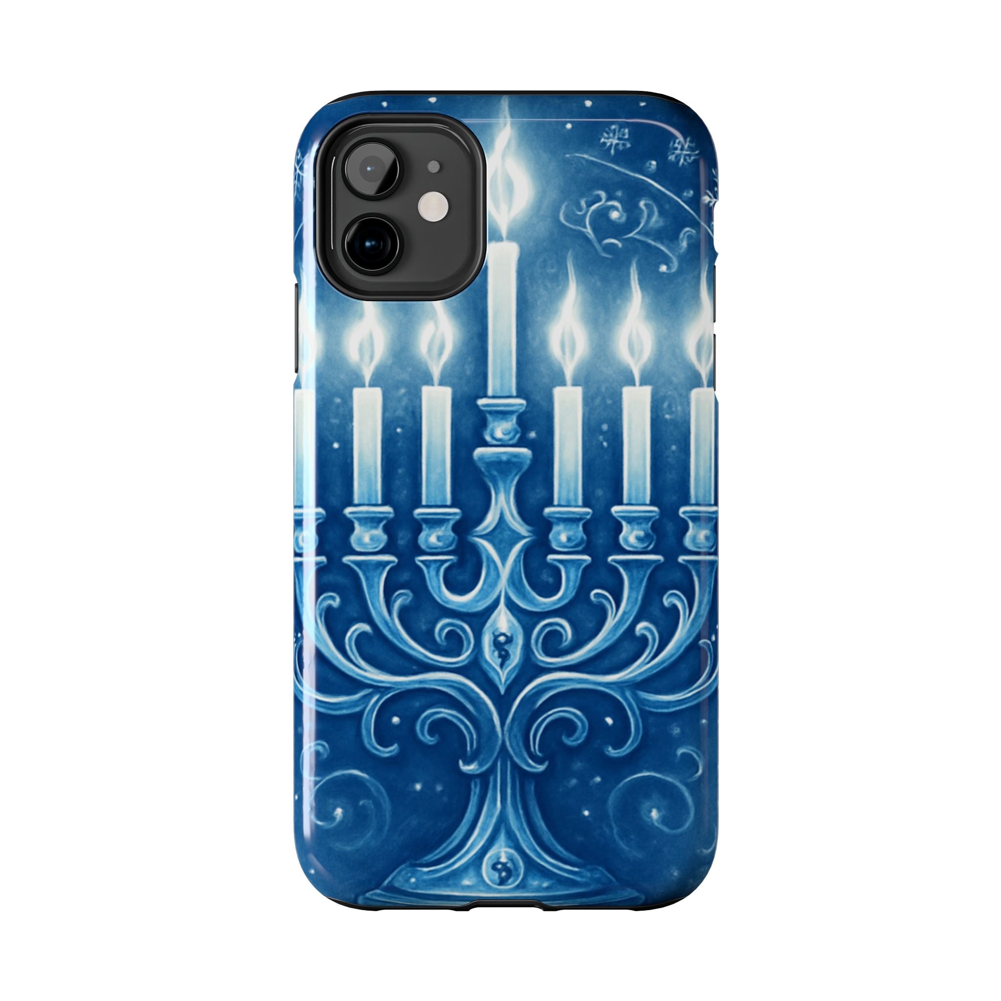 Blue Hanukkah Menorah Tough Phone Case — Holiday Candlelight Protective Cover
