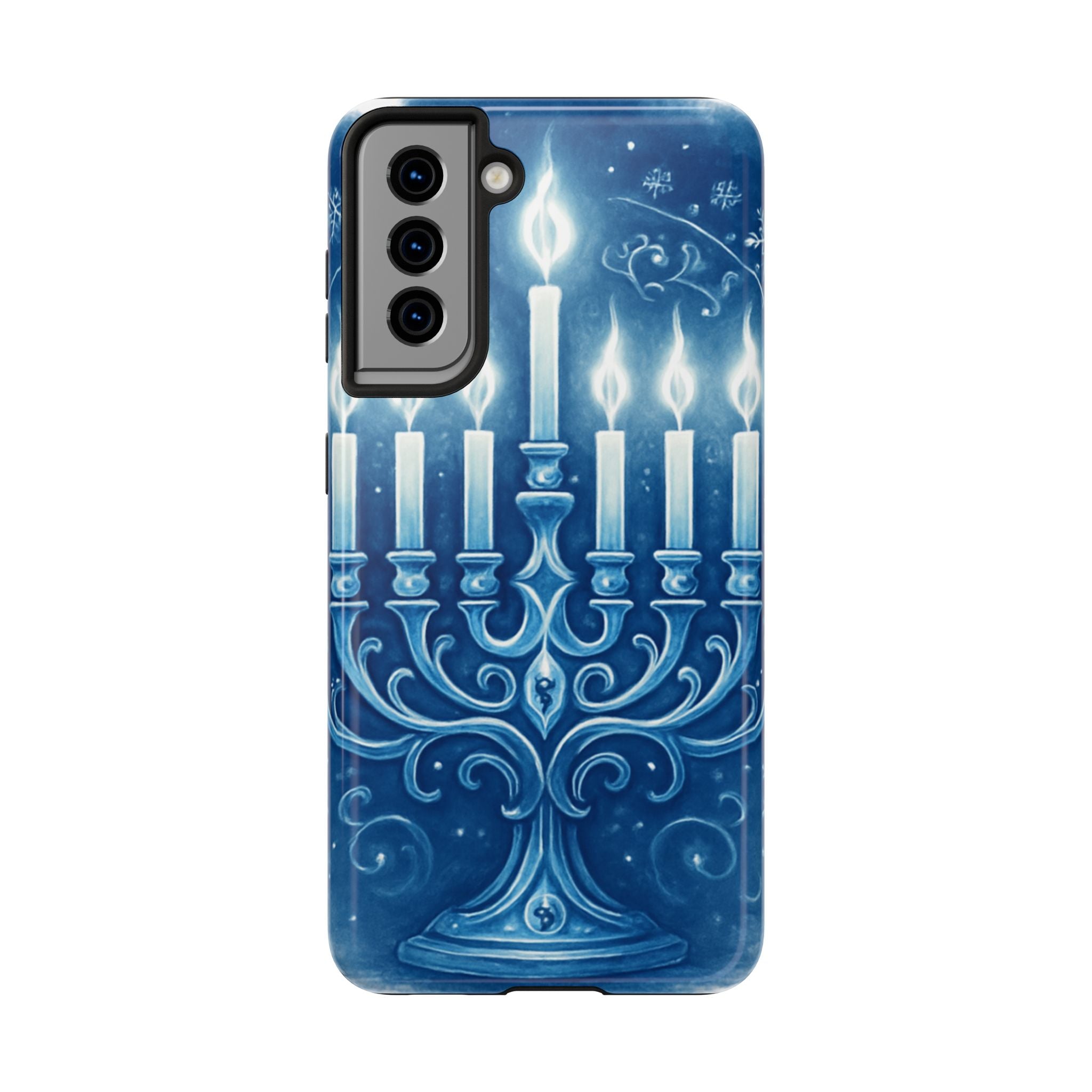 Blue Hanukkah Menorah Tough Phone Case — Holiday Candlelight Protective Cover