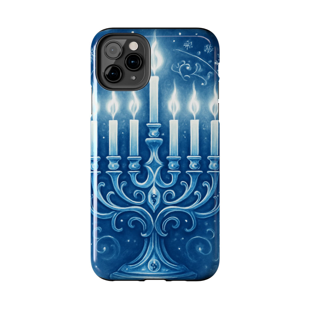 Blue Hanukkah Menorah Tough Phone Case — Holiday Candlelight Protective Cover