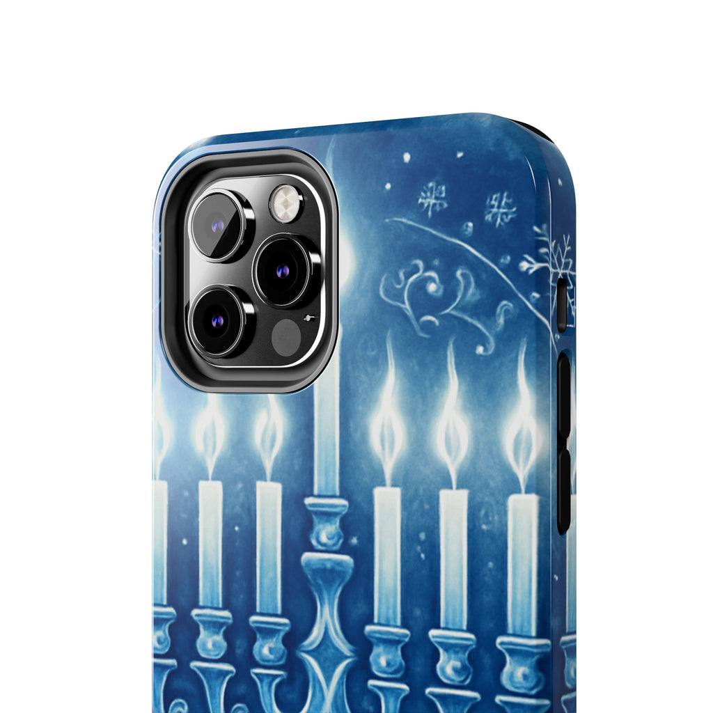 Blue Hanukkah Menorah Tough Phone Case — Holiday Candlelight Protective Cover
