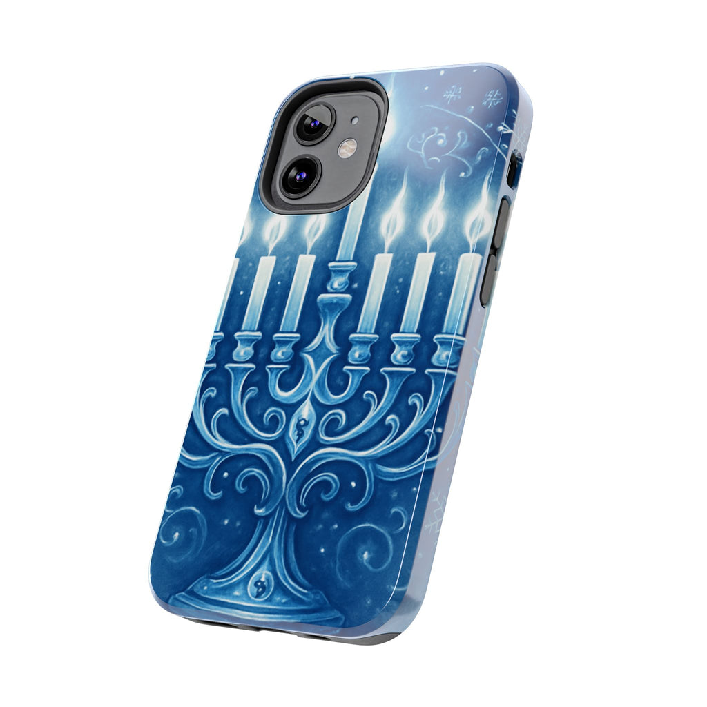 Blue Hanukkah Menorah Tough Phone Case — Holiday Candlelight Protective Cover