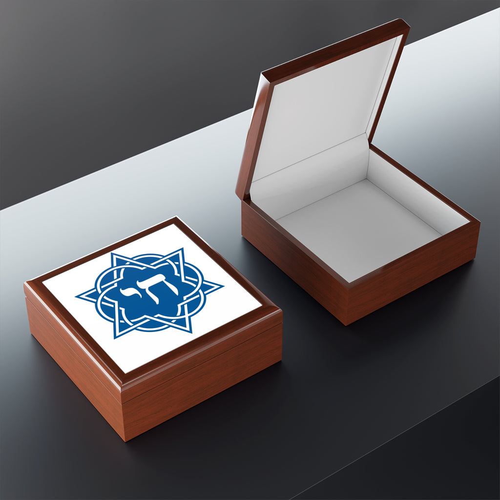 Jewelry Box — Blue Chai Star of David Keepsake Box (Hebrew Chai Design)