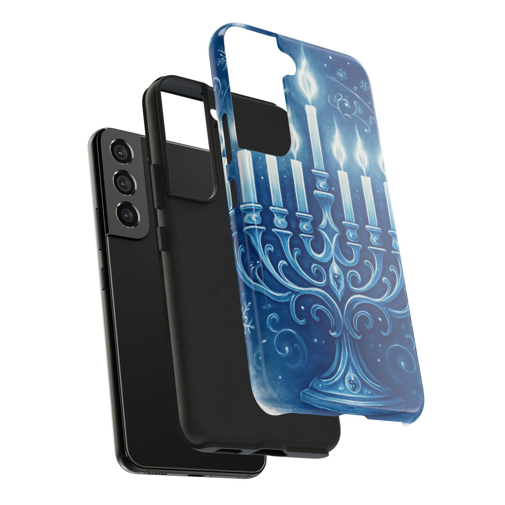 Blue Hanukkah Menorah Tough Phone Case — Holiday Candlelight Protective Cover