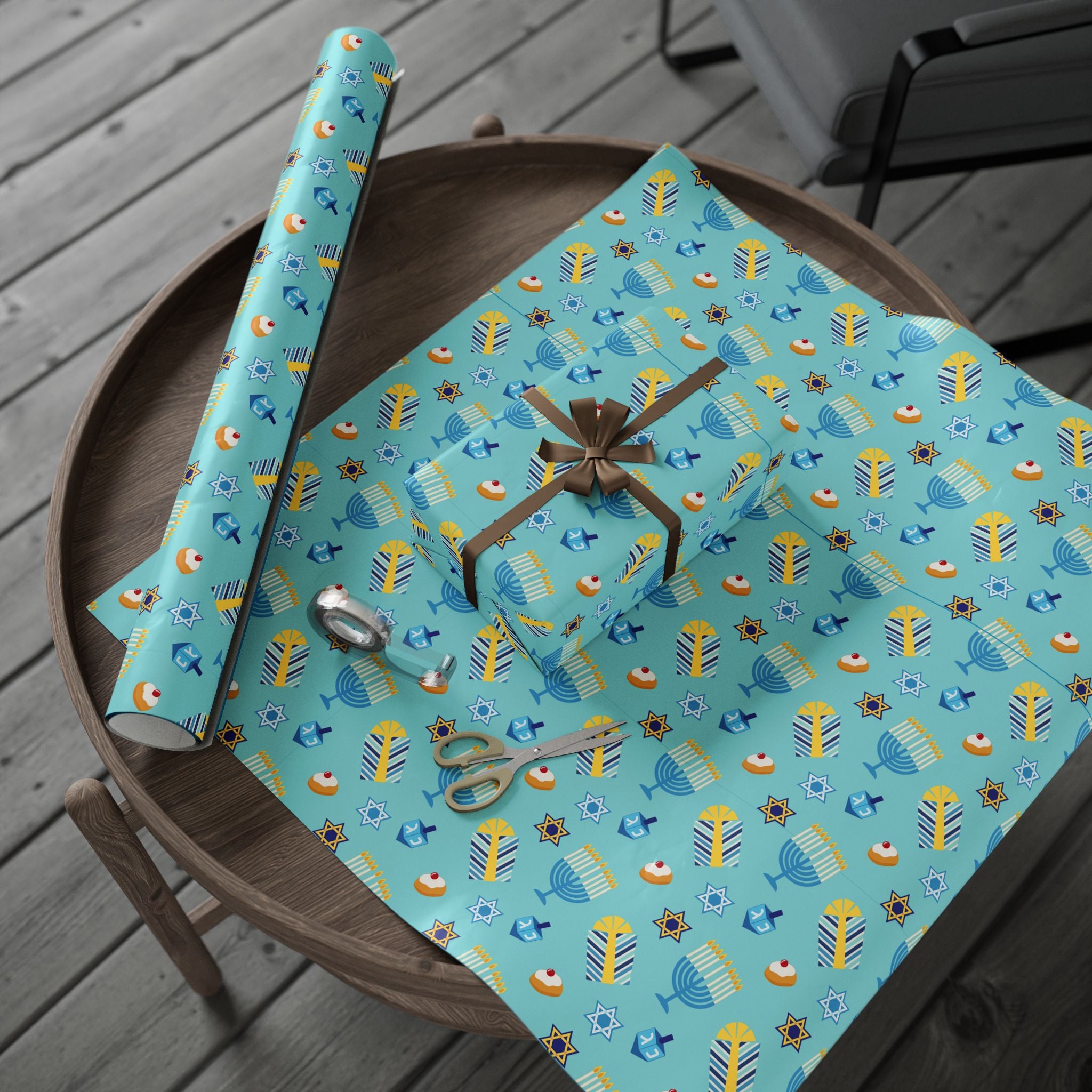 Hanukkah Wrapping Paper Roll – Blue Dreidels, Stars & Sufganiyot Gift Wrap