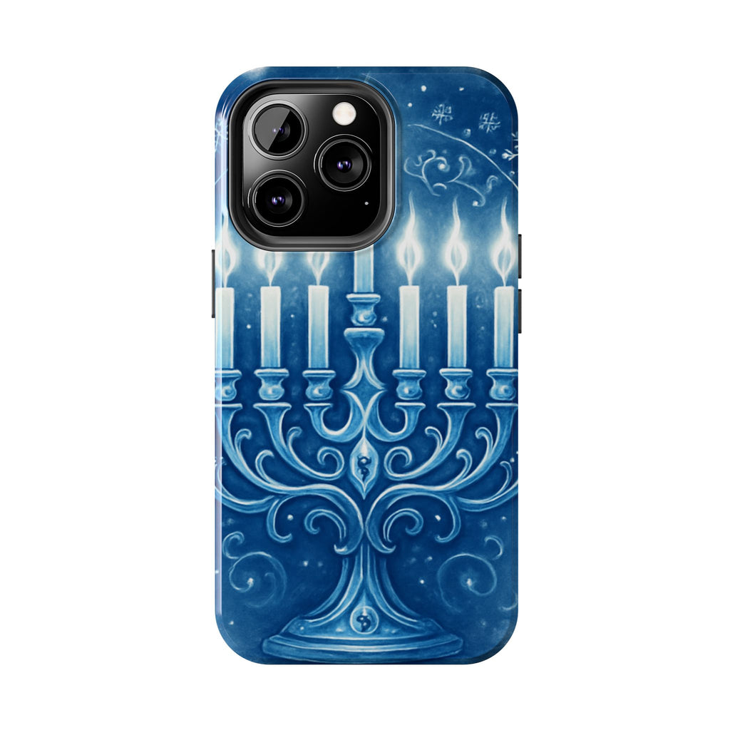 Blue Hanukkah Menorah Tough Phone Case — Holiday Candlelight Protective Cover