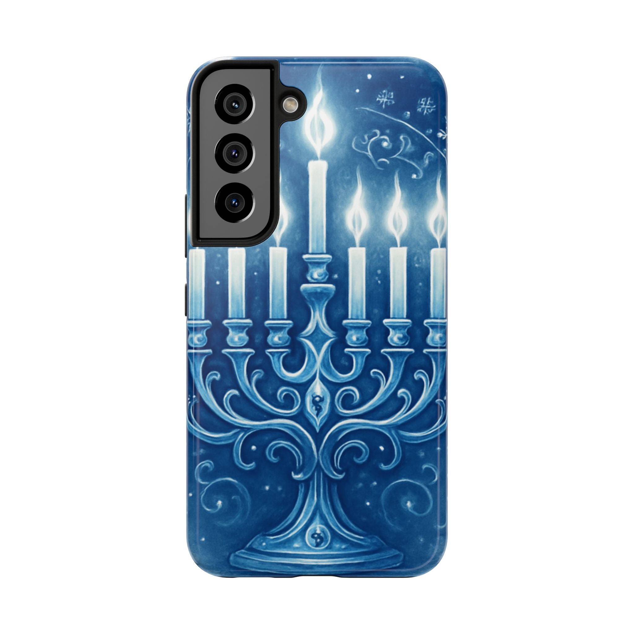 Blue Hanukkah Menorah Tough Phone Case — Holiday Candlelight Protective Cover