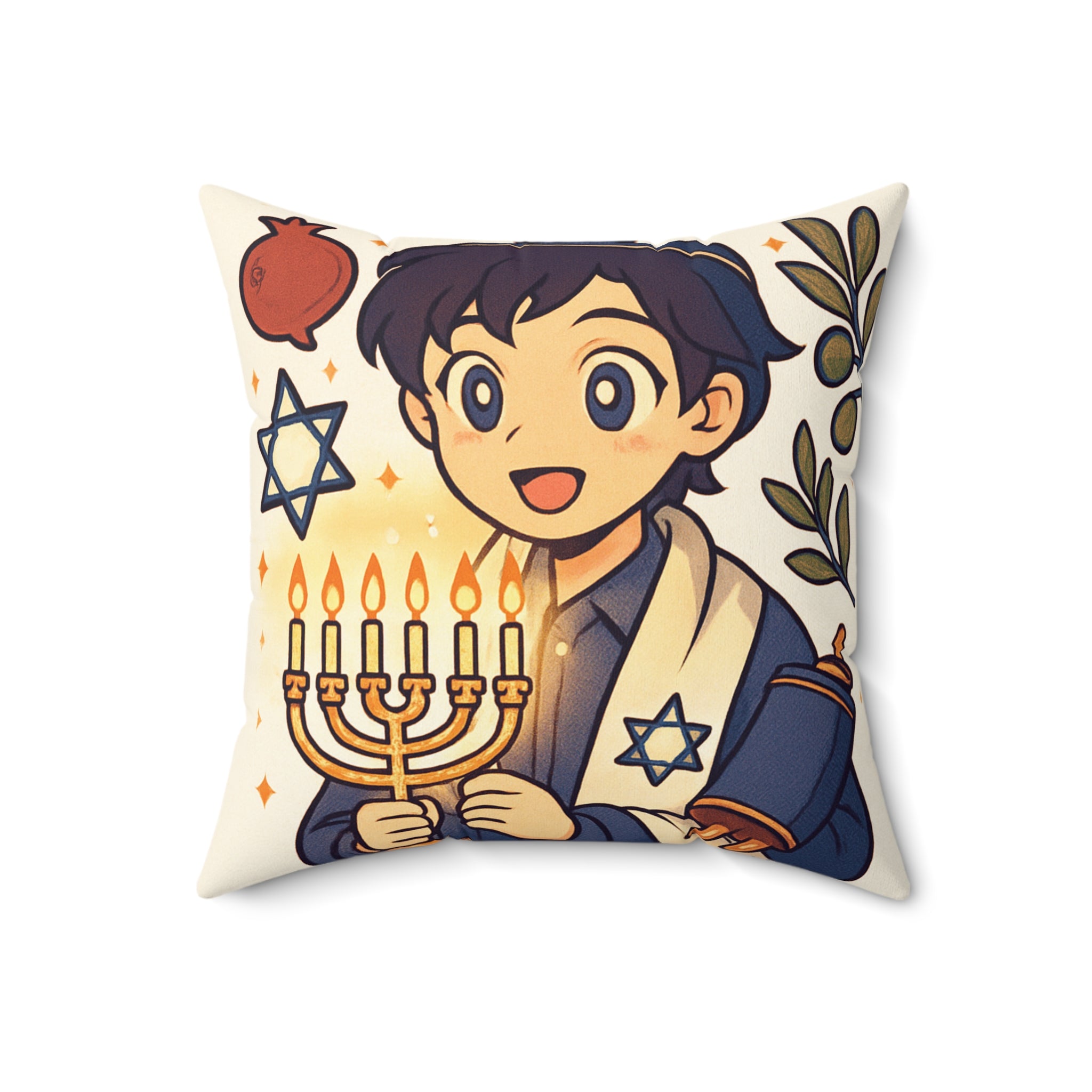 Hanukkah Boy Decorative Pillow — Menorah & Torah Festive Holiday Throw Pillow