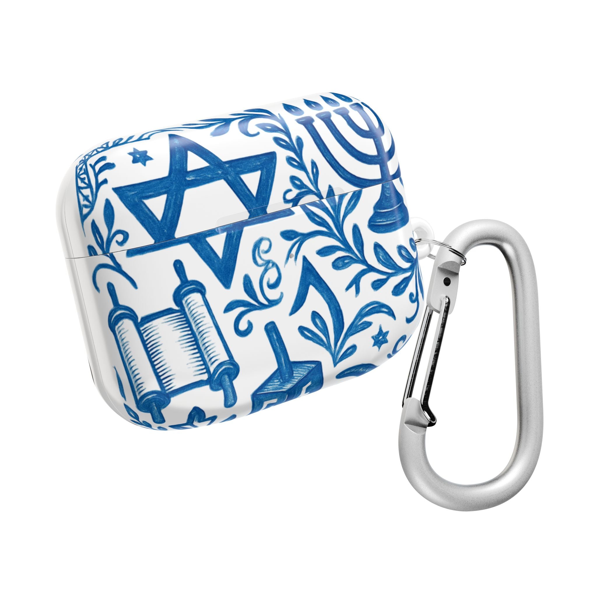 Hanukkah AirPod Case — Blue Menorah, Star of David & Dreidel Design