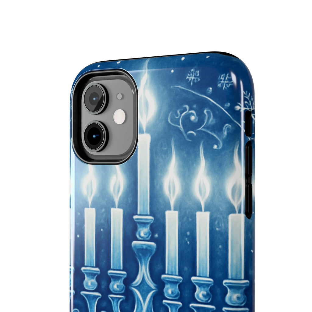 Blue Hanukkah Menorah Tough Phone Case — Holiday Candlelight Protective Cover