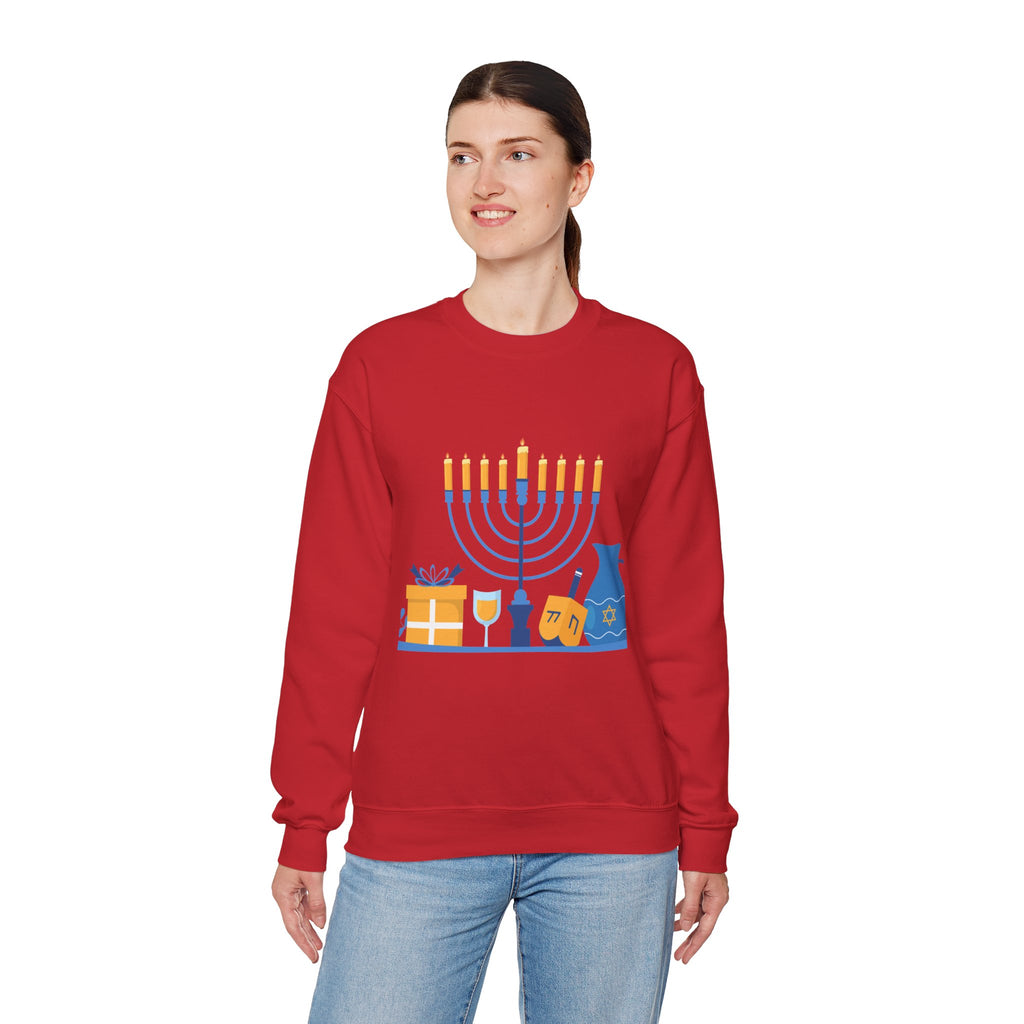 Hanukkah Crewneck Sweatshirt — Menorah, Dreidel & ‘Happy Hanukkah’ Holiday Sweater