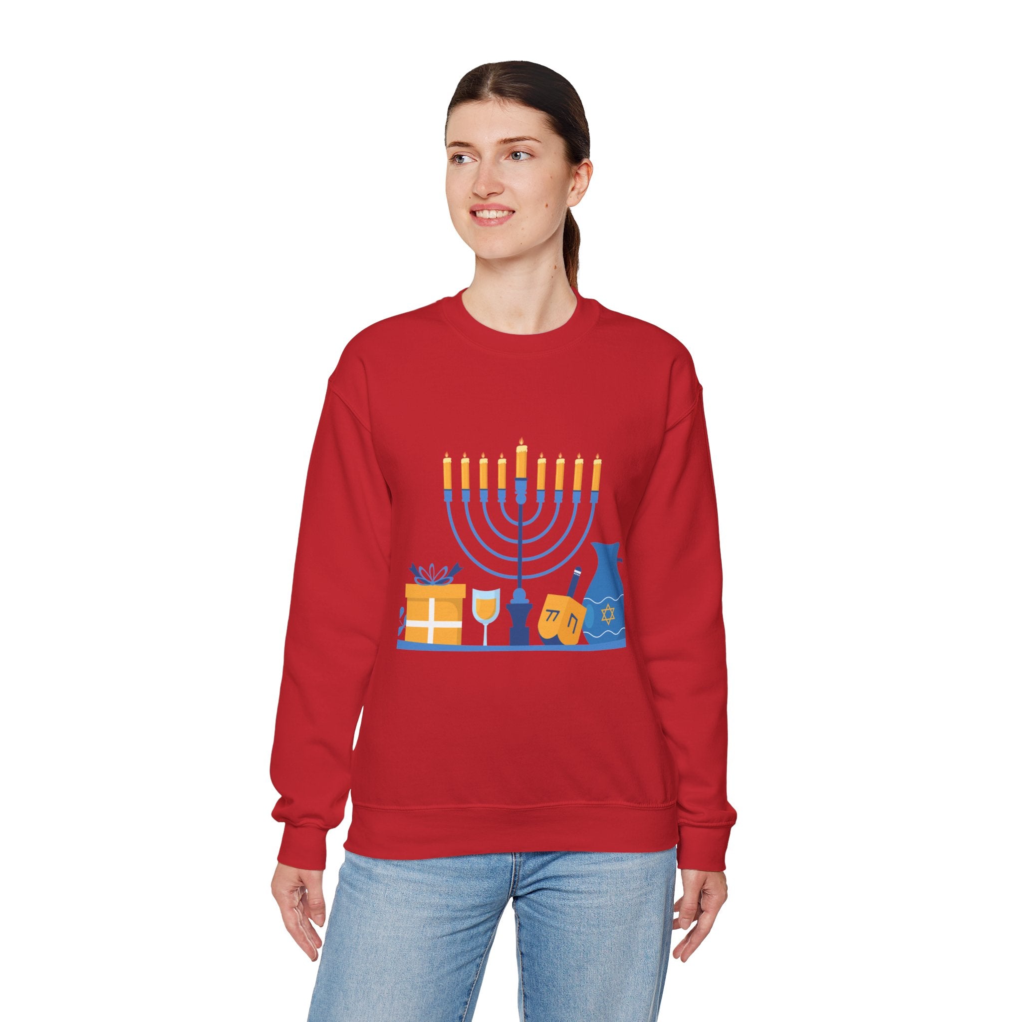 Hanukkah Crewneck Sweatshirt — Menorah, Dreidel & ‘Happy Hanukkah’ Holiday Sweater