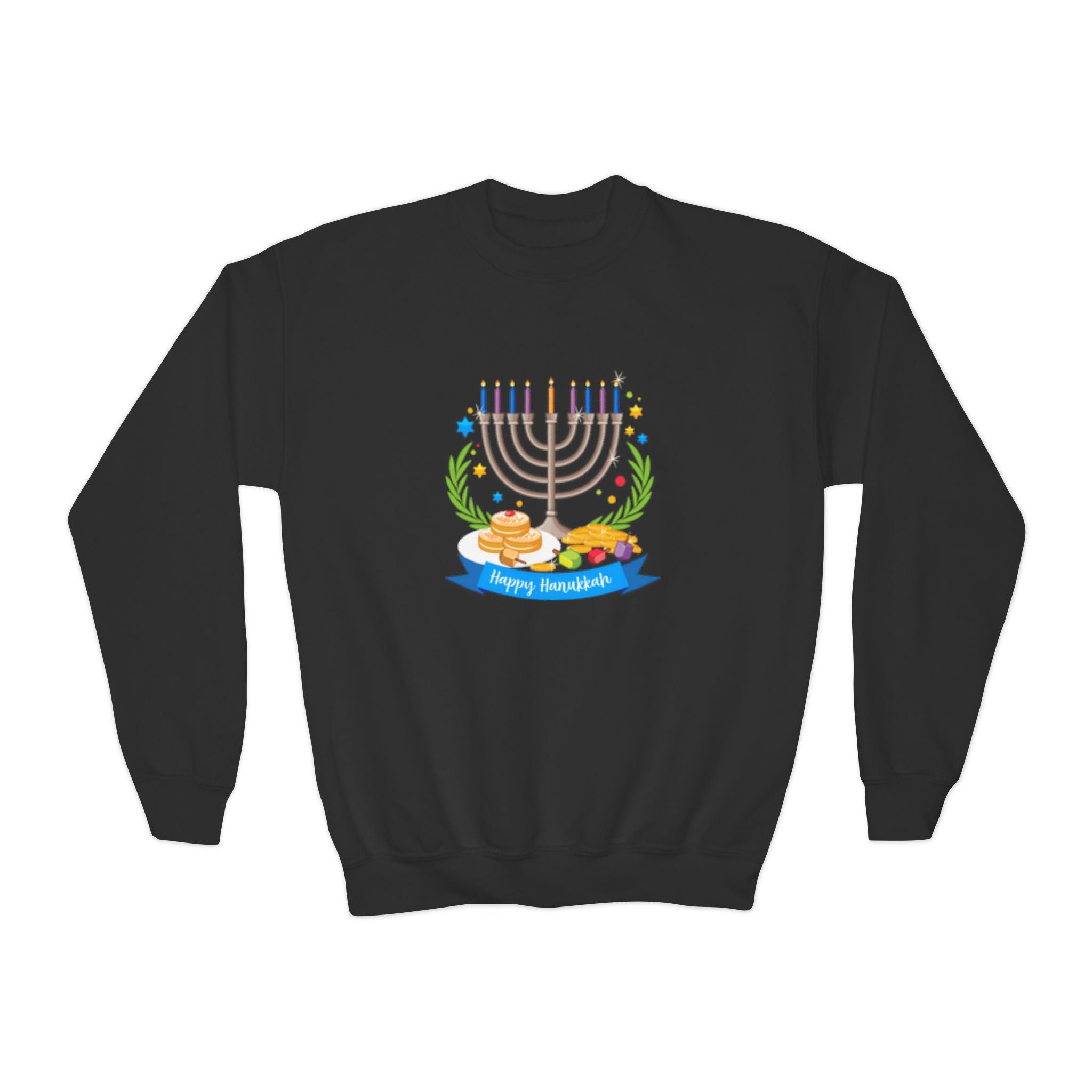 Happy Chanukah Youth Crewneck Sweatshirt — Menorah & Dreidel Holiday Sweater