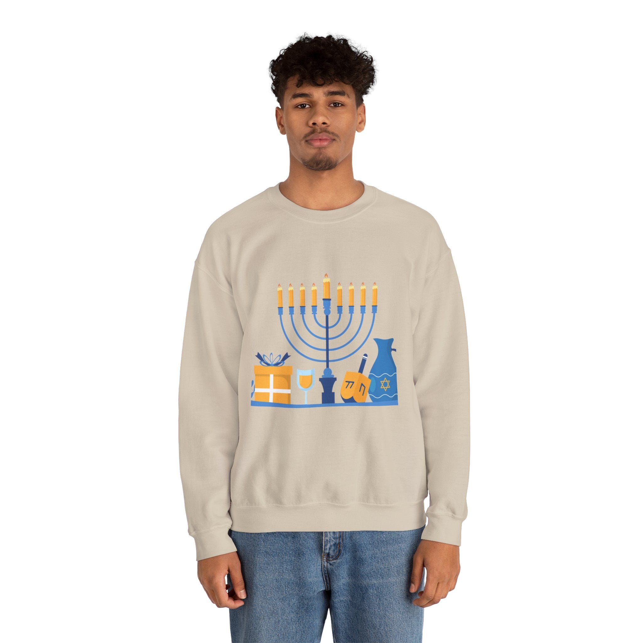 Hanukkah Crewneck Sweatshirt — Menorah, Dreidel & ‘Happy Hanukkah’ Holiday Sweater