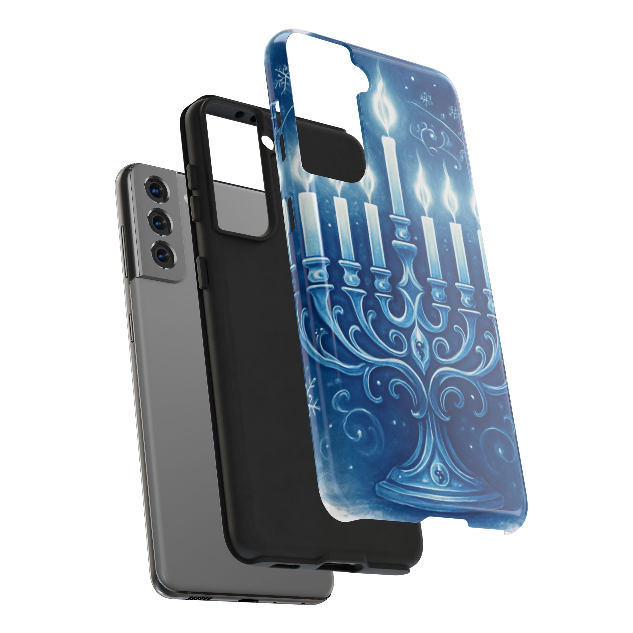 Blue Hanukkah Menorah Tough Phone Case — Holiday Candlelight Protective Cover