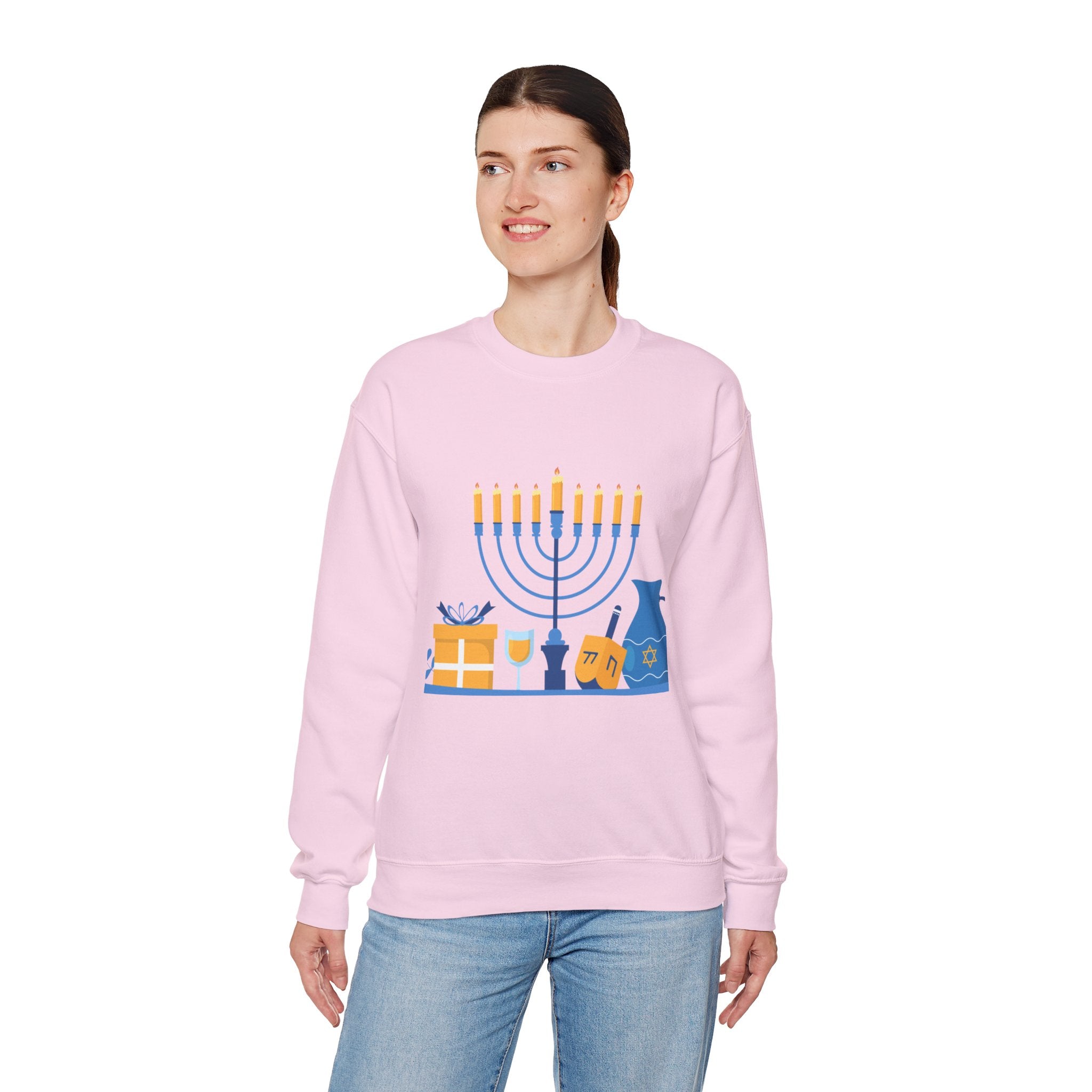 Hanukkah Crewneck Sweatshirt — Menorah, Dreidel & ‘Happy Hanukkah’ Holiday Sweater