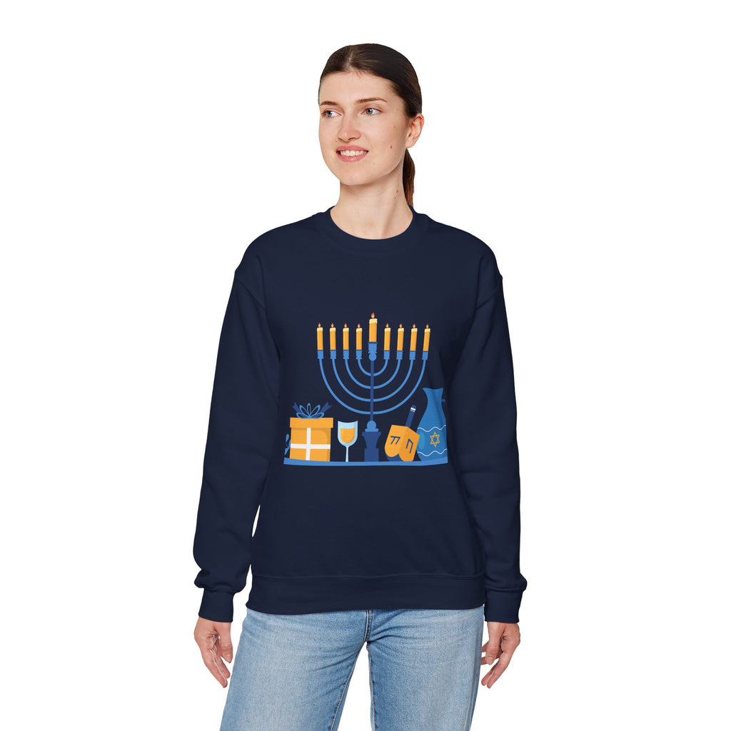 Hanukkah Crewneck Sweatshirt — Menorah, Dreidel & ‘Happy Hanukkah’ Holiday Sweater