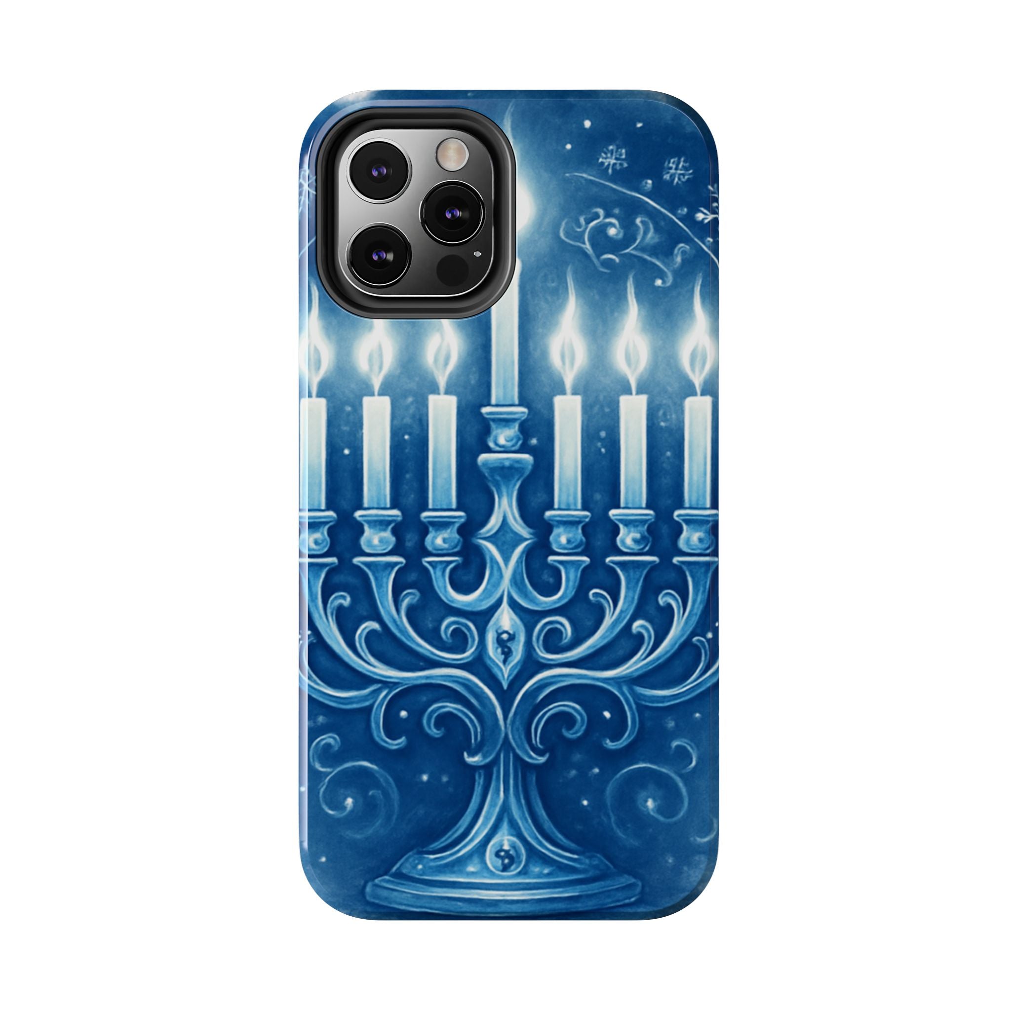 Blue Hanukkah Menorah Tough Phone Case — Holiday Candlelight Protective Cover