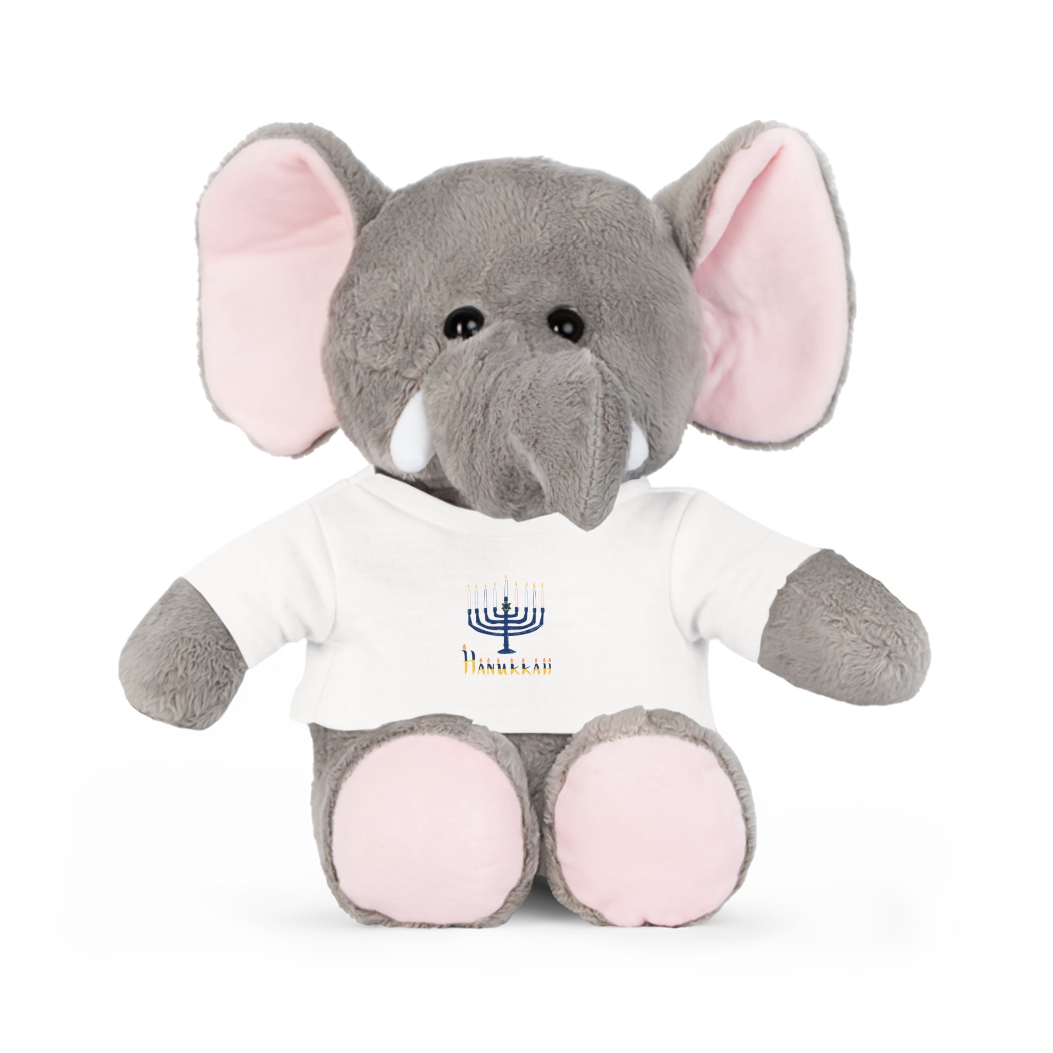 Plush elephant toy wearing a white shirt with a Menorah design on a white background