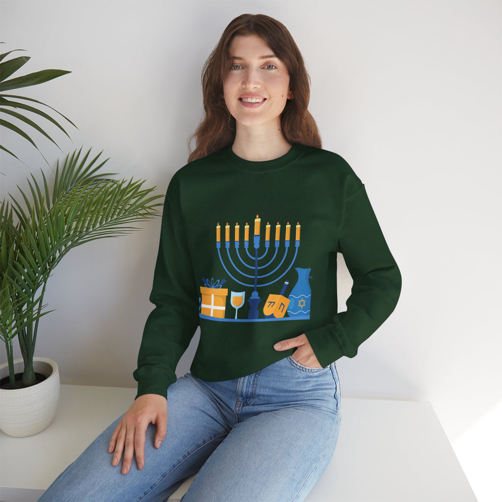 Hanukkah Crewneck Sweatshirt — Menorah, Dreidel & ‘Happy Hanukkah’ Holiday Sweater