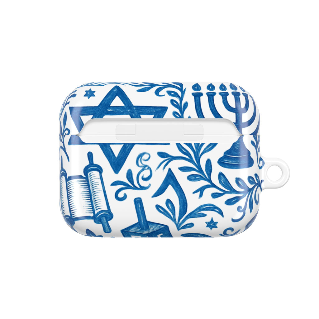 Hanukkah AirPod Case — Blue Menorah, Star of David & Dreidel Design