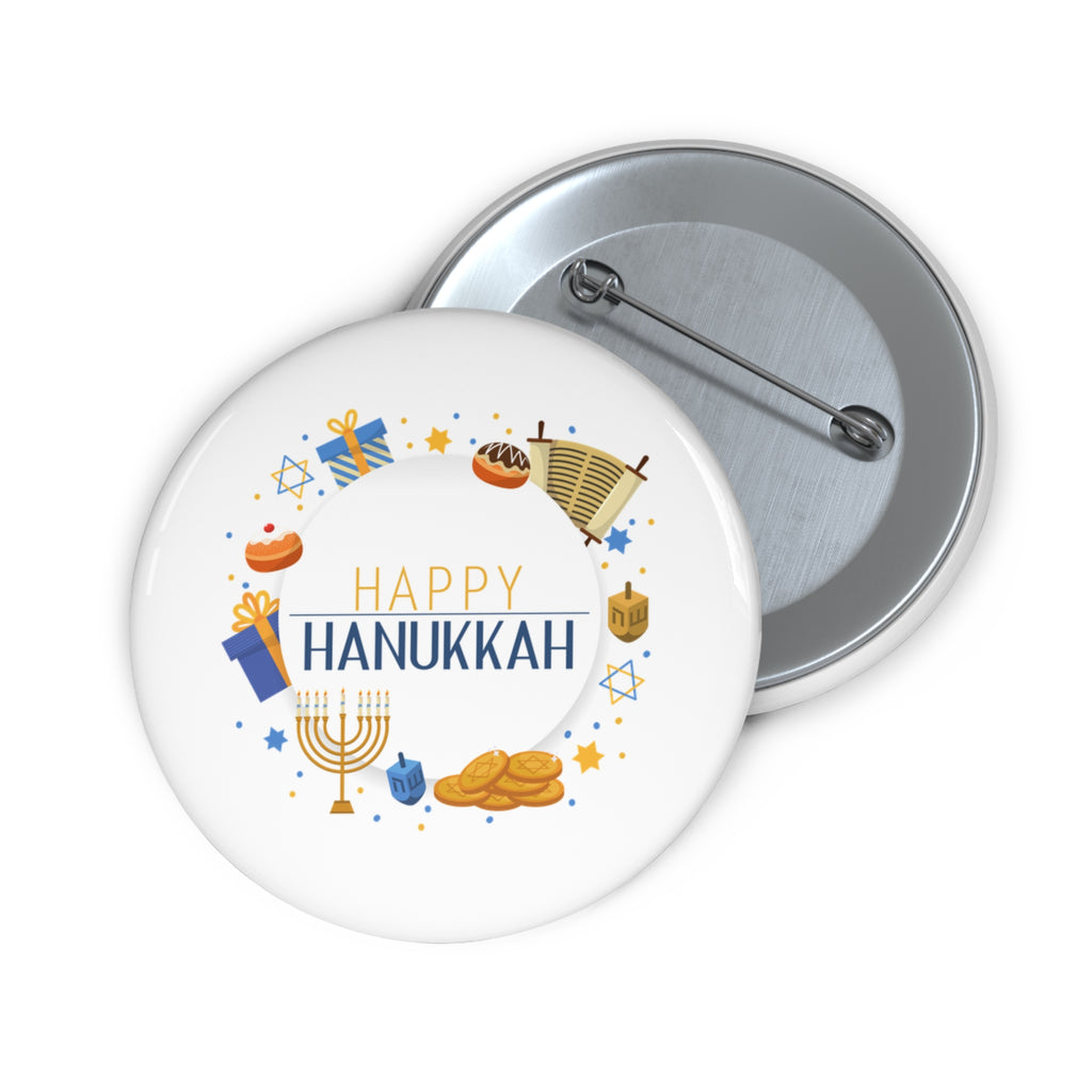 Happy Hanukkah Pin Button — Festive Menorah & Dreidel Holiday Badge