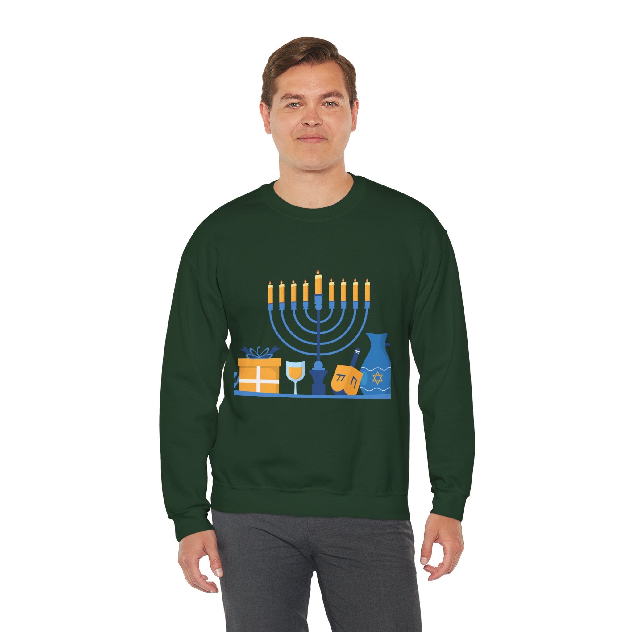 Hanukkah Crewneck Sweatshirt — Menorah, Dreidel & ‘Happy Hanukkah’ Holiday Sweater