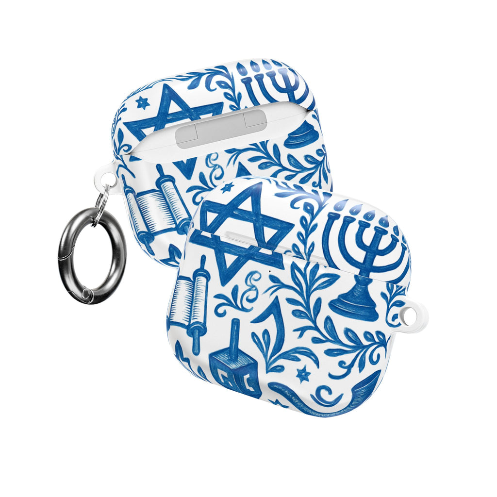 Hanukkah AirPod Case — Blue Menorah, Star of David & Dreidel Design