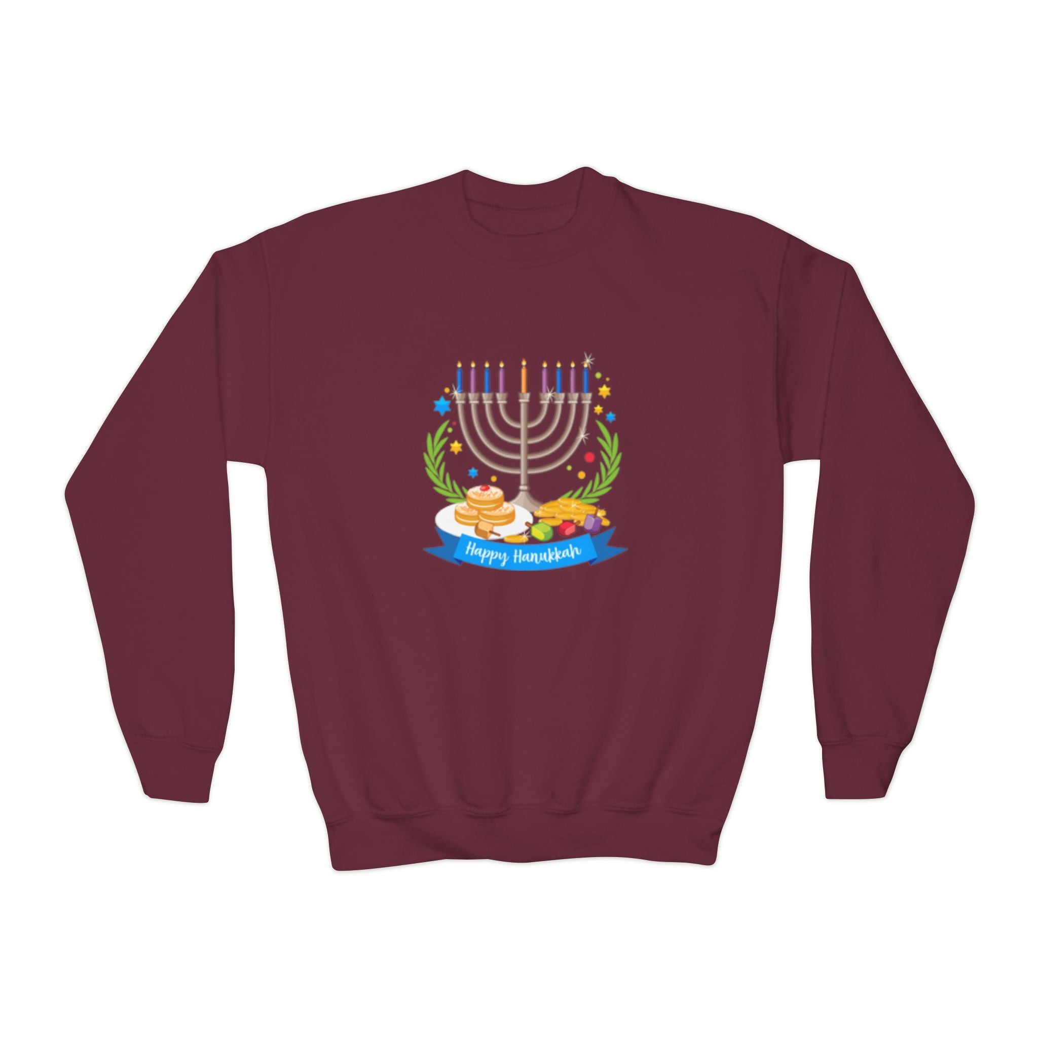 Happy Chanukah Youth Crewneck Sweatshirt — Menorah & Dreidel Holiday Sweater