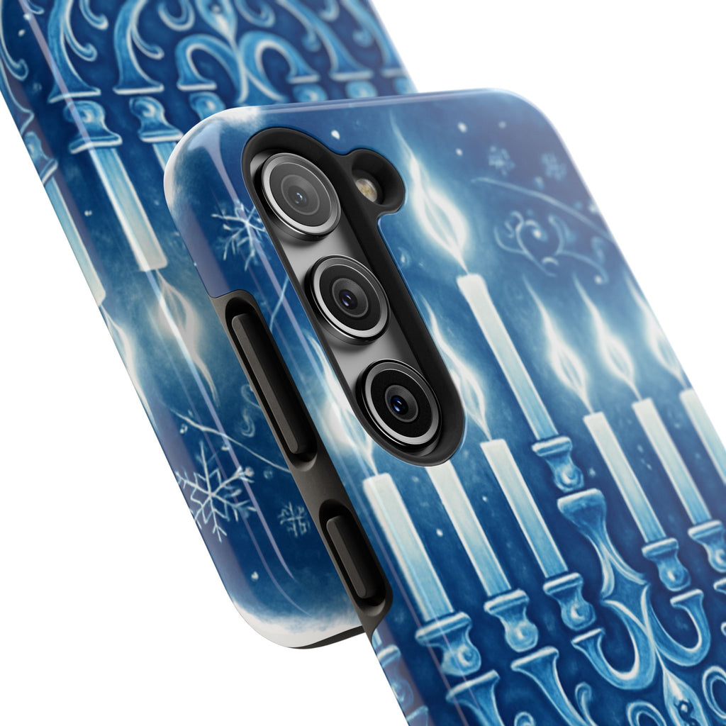 Blue Hanukkah Menorah Tough Phone Case — Holiday Candlelight Protective Cover
