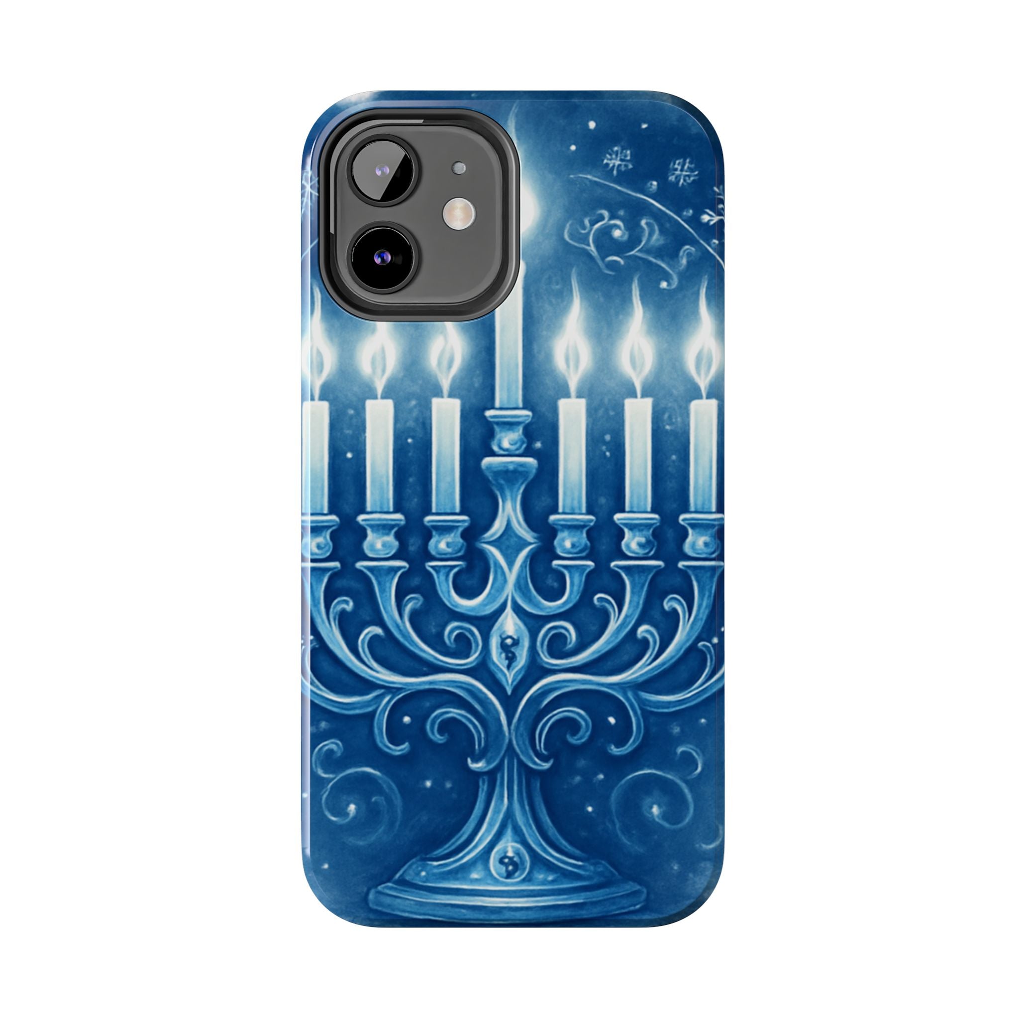 Blue Hanukkah Menorah Tough Phone Case — Holiday Candlelight Protective Cover